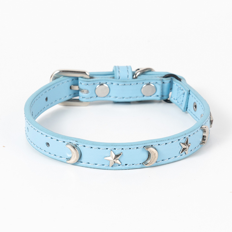 3 pcs Light blue Stylish PU Leather Pet Collar - Anti-Loss, Puppy Bell, Star & Moon Design Width 1.2cm Total Length 35cm — image 2