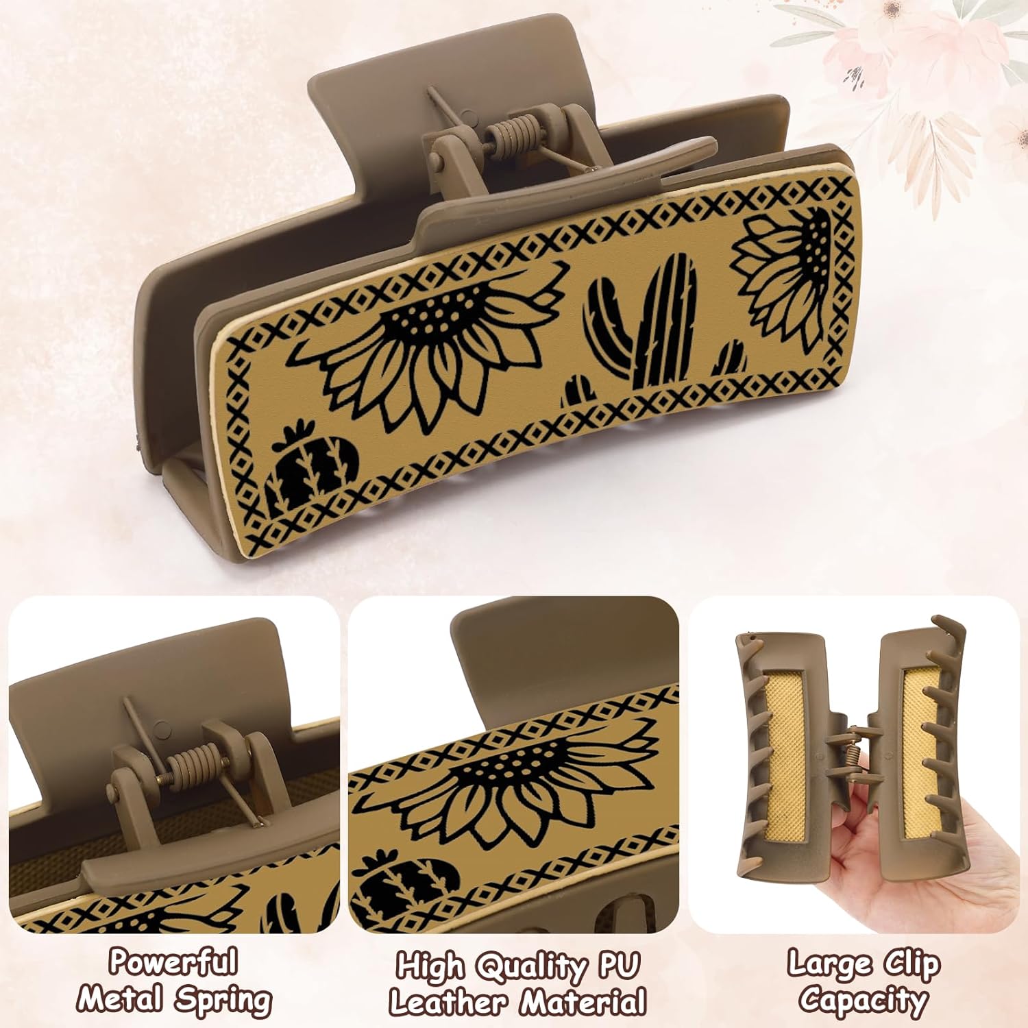 Western Leather Hair Claw Clips Sunflower Floral Square Claw Clips for Hairstyling Southwest Cow Print Cowhide Hair Accessories Large Aesthetic Western Cowgirl β image 3