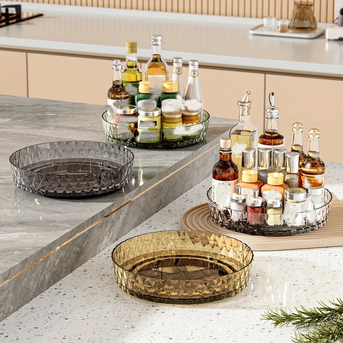 2PCS Acrylic Lazy Susan Organizer with Diamond Design | 360° Rotating Makeup & Vanity Tray | Modern Kitchen & Bathroom Storage(Transparent yellowish brown) — image 6