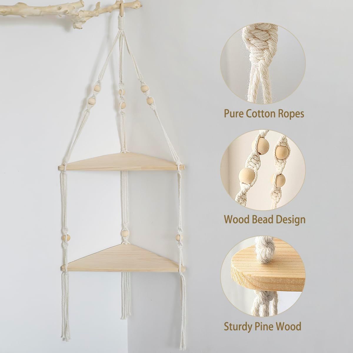 Double layer Bohemian cotton rope hand woven shelf, triangular wooden crafts, home decoration, flower pot storage(white 90*32.5cm) — image 4