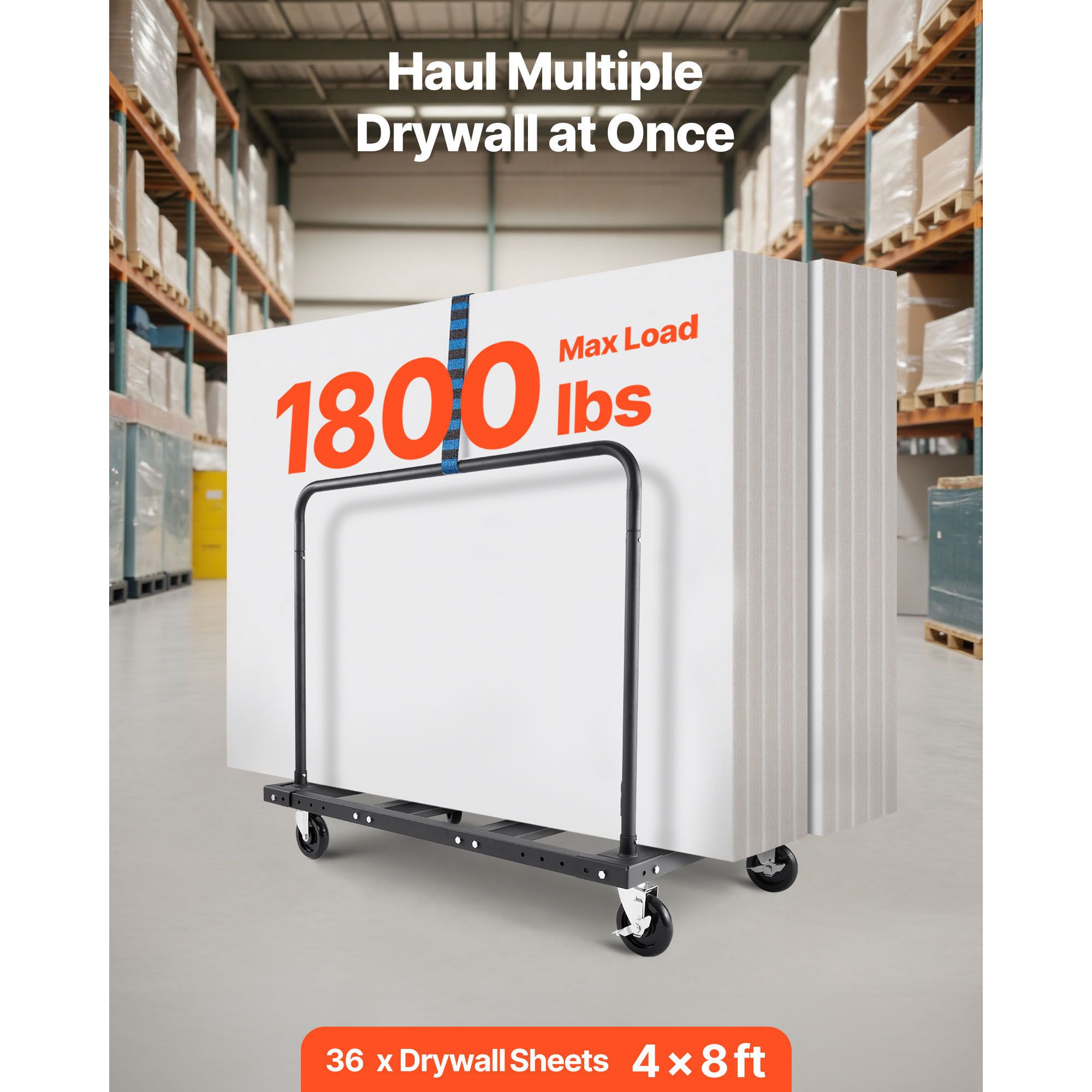 Drywall Cart Dolly, 816 kg Load Capacity, Steel Panel Truck Cart with 12.5 mm Swivel Casters, Lumber Drywall Dolly with Tie-Down Strap & 2 Side Handrails for — image 2