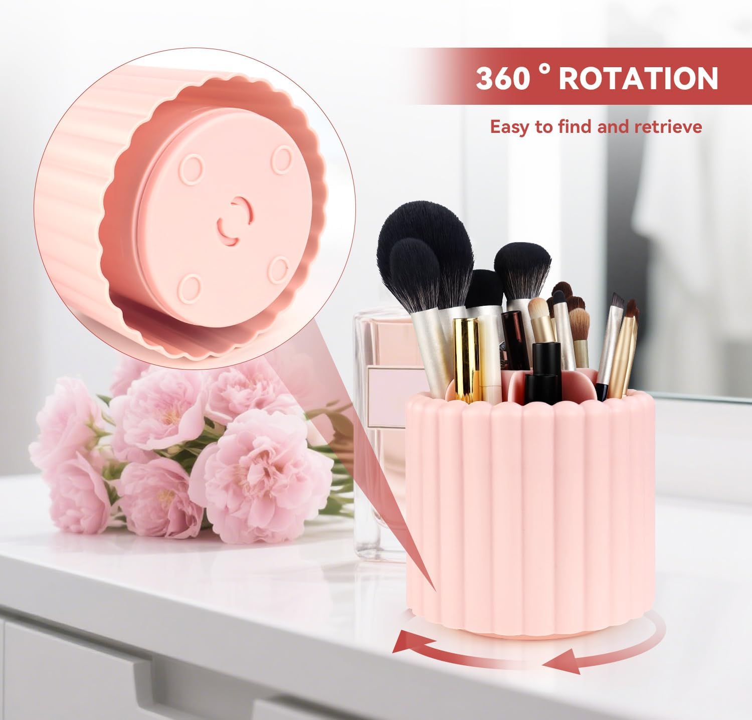 1 Pack 360° Rotating Makeup Brush Organizer, 7 Slot Make up Brush Holder for Vanity, Dresser, Desk (Pink) — image 2