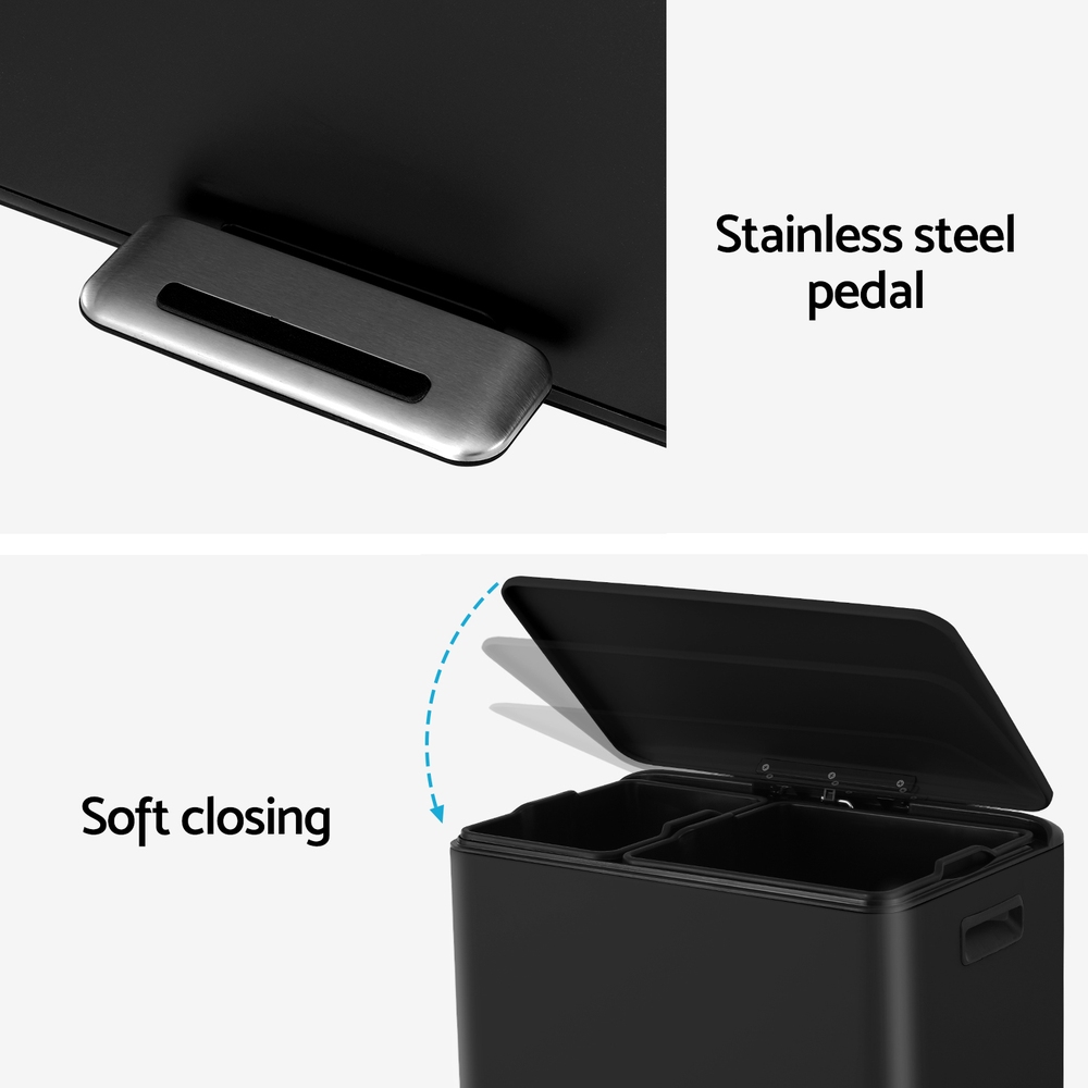 Cefito Pedal Bins Rubbish Bin Dual Compartment Waste Recycle Dustbins 40L Black โ image 6