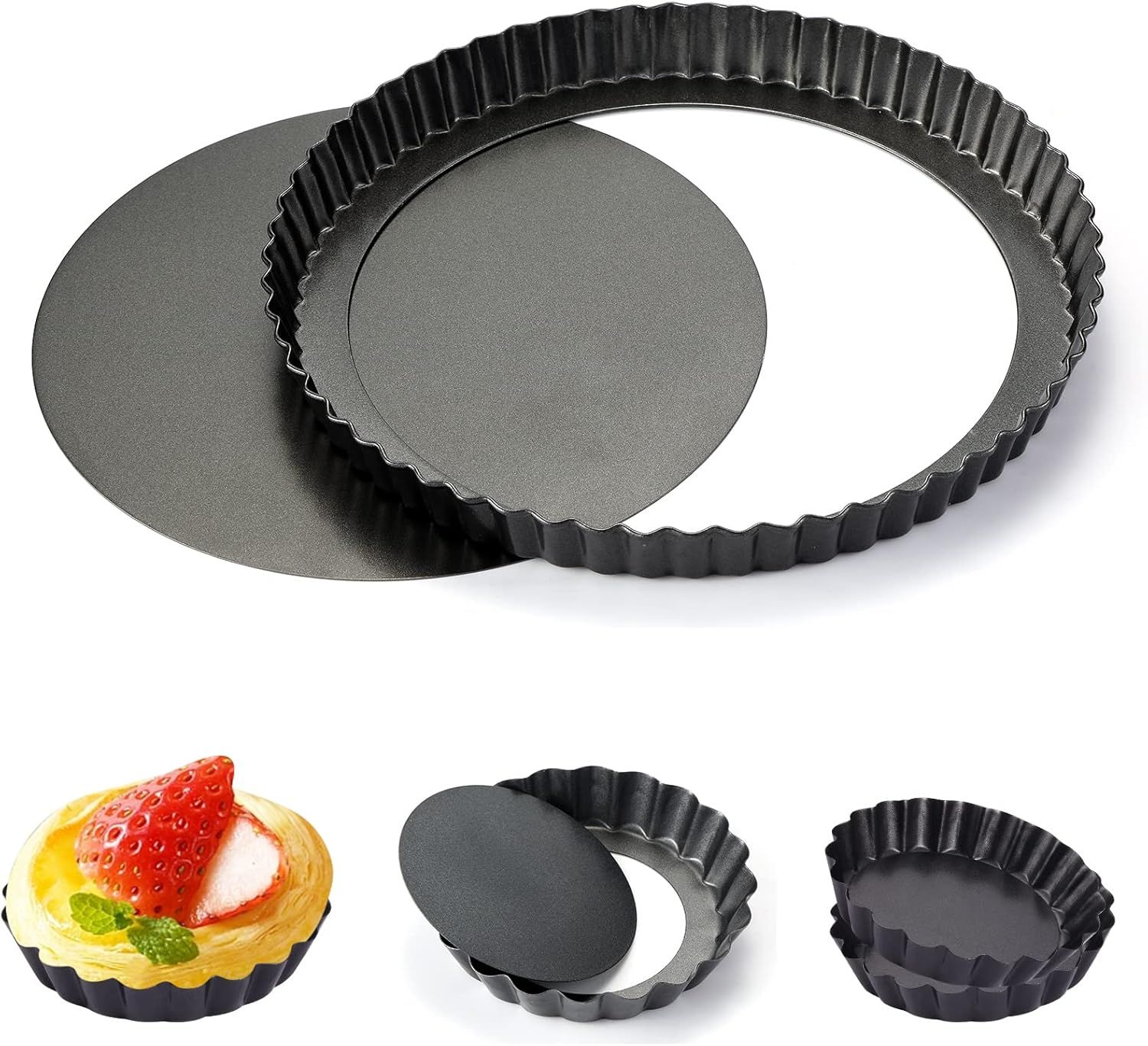 9 in Non-Stick Tart and Quiche Pan with Removable Bottom and 4 Mini Tart Pans 4-inch, Heavy Duty Fluted Side for Pies, Mousse Cakes, Dessert Baking (5 Pack)