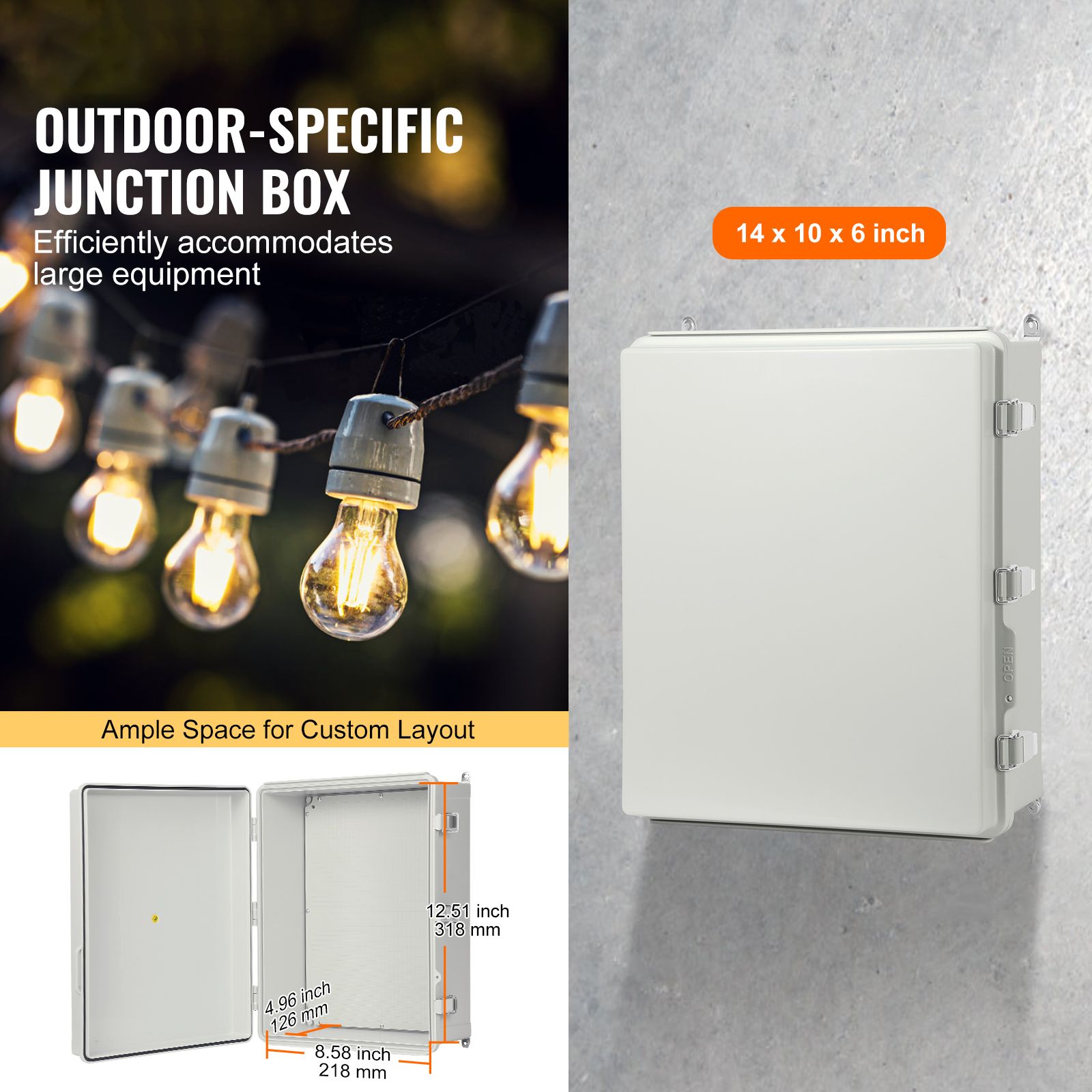 Outdoor Electrical Junction Box, 350 x 250 x 150 mm, ABS Plastic Electrical Enclosure Box with Hinged Cover Stainless Steel Latch, IP67 Dustproof Waterproof โ image 2