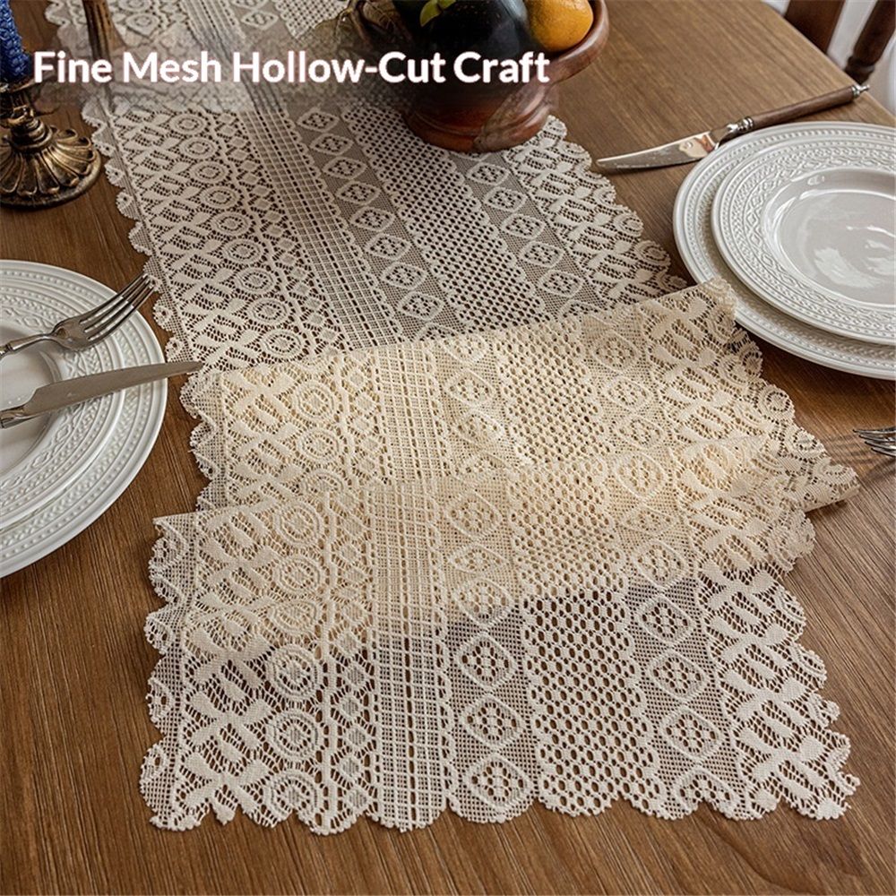 Beige polyester Crochet Rectangular Table Runner Handmade Table Decoration, Coffee Table Dresser Decor(Only tablecloth) 13x 70inch — image 3