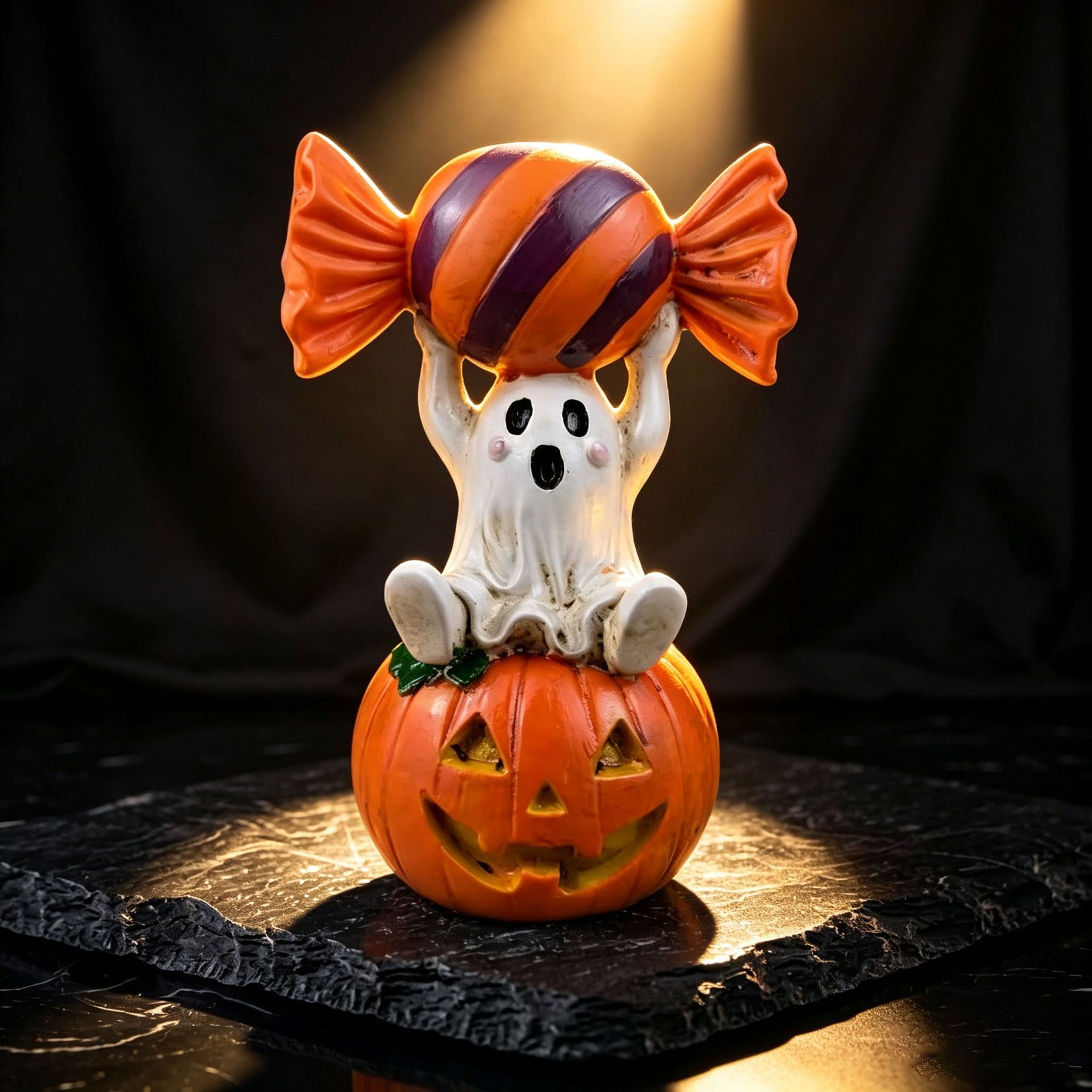 Halloween Resin Ghost Pumpkin Figurine: Little Ghost Sitting on Pumpkin with Candy on Head, Glossy Finish, Perfect Desktop and Party Decoration โ image 6