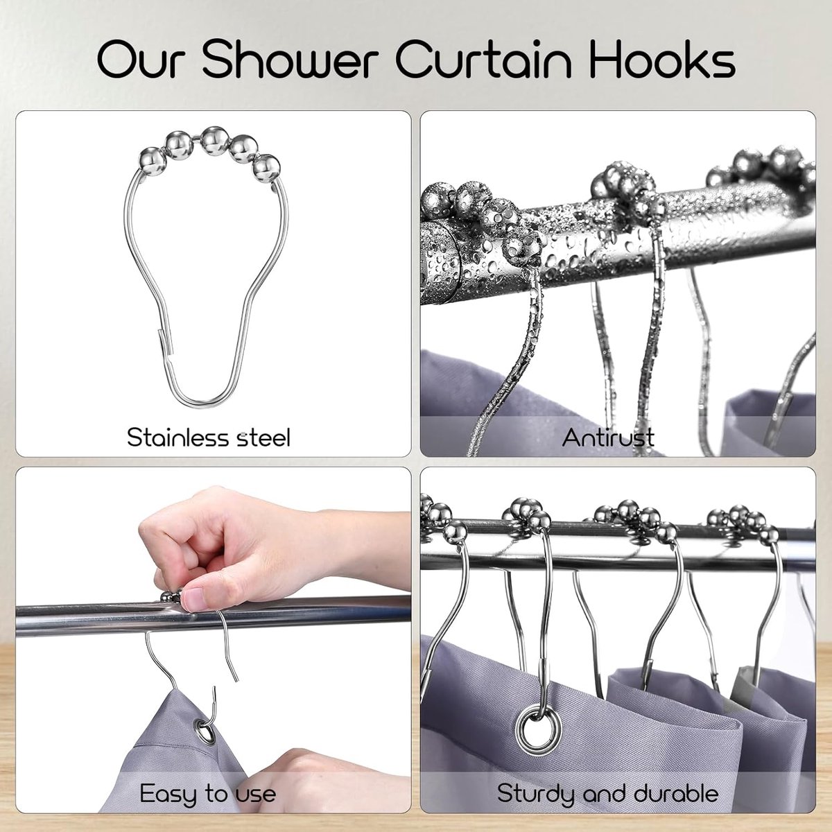 Shower curtain rings - 12 shower curtain rings - Stainless steel sliding hooks - 12 individual hooks - 69 × 39 mm — image 3