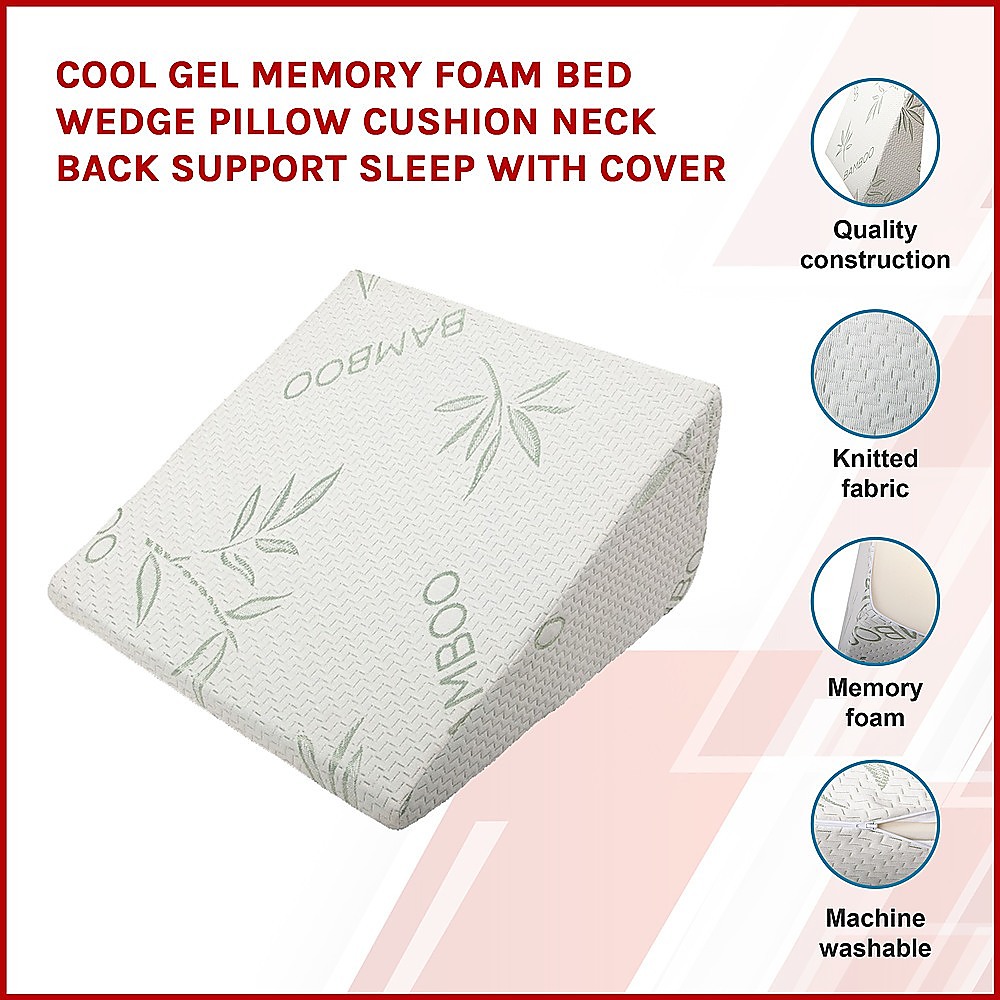 Cool Gel Memory Foam Bed Wedge Pillow Cushion Neck Back Support Sleep with Cover — image 3