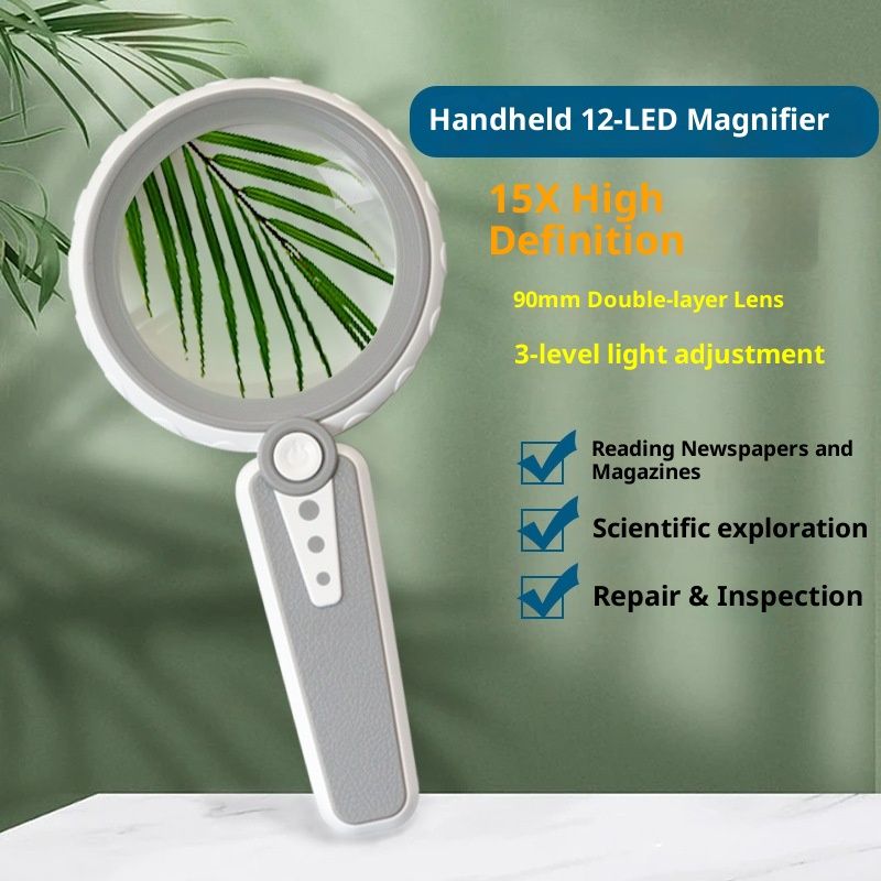 15X Magnifying Glass with Light, Large Handheld Magnifier, USB Rechargeable for Low Vision Seniors with Macular Degeneration, Reading, Jewelry, Coins - Grey — image 2