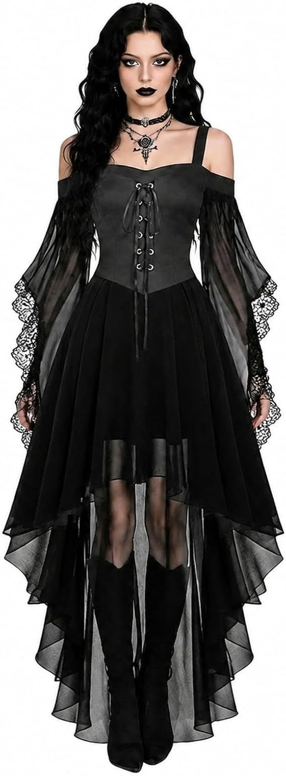 Women Witch Dress Halloween Costumes Vampire Woman Renaissance Medieval Butterfly Sleeve Mesh Gothic Dresses - Gray - Size XL