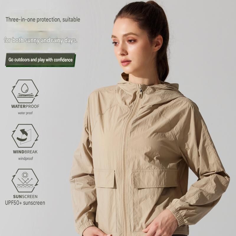 Beige L Size Women's Lightweight Hooded Windbreaker Jacket - Nylon, Waterproof, Windproof, Sun Protection, Loose Fit for Hiking, Running, Yoga and Outdoor — image 2