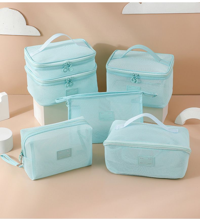 Mesh Breathable Makeup Bag 5-Pack Set - Travel Toiletry Organizer Kit with Triangle Octagonal Square Pillow Double Layer Designs - Cosmetic Storage Pouches