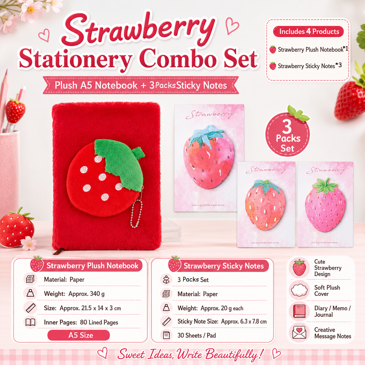 Fruit-Shaped Office Supplies Set-3 packs Strawberry Shaped Sticky Notes and A5 Plush Notebook with Strawberry Shaped Detachable Coin Purse - Cute Memo Pads for