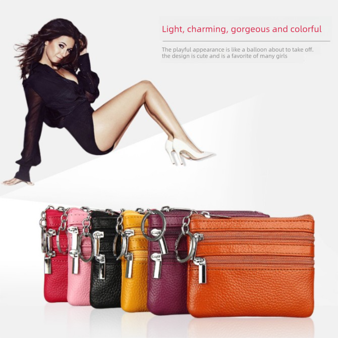 Genuine Leather Coin Purse Mini Wallet with Triple Zipper Pockets Key Ring Holder Pouch for Cash & Cards - Rose gold — image 2