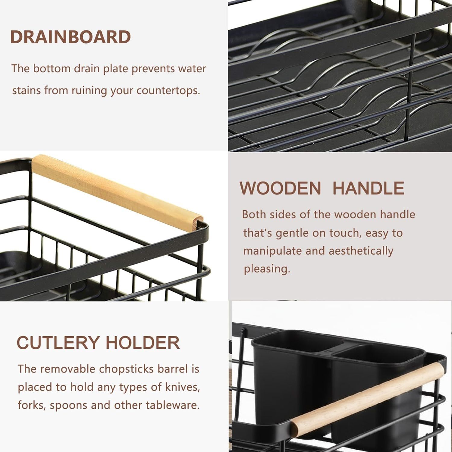 CARLA HOME Dish Drying Rack with Wooden Handles, Removable Cutlery Holder & Drainboard for Kitchen Countertop — image 3