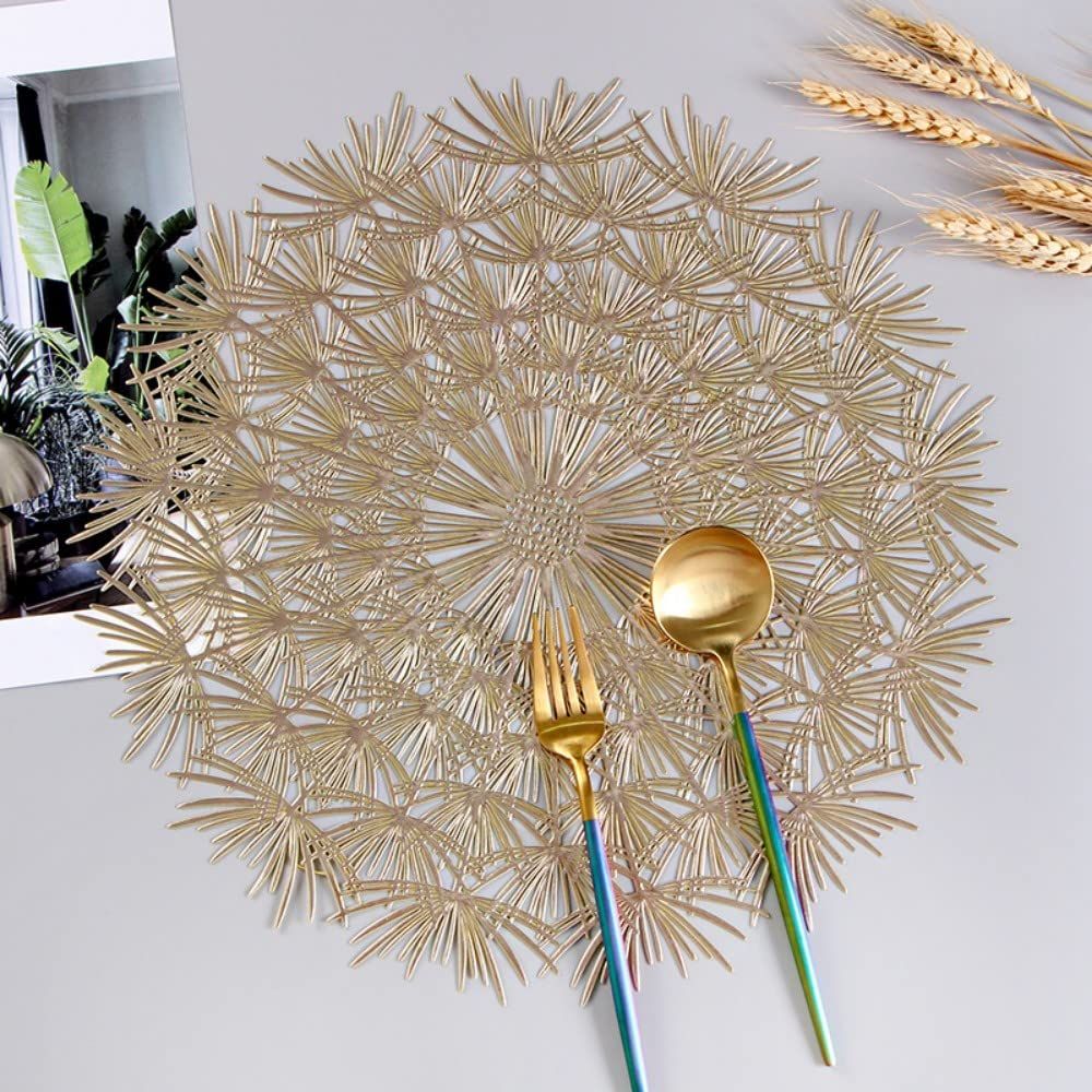 4pcs Hollow Flower Round Table Decoration Mat Vinyl Non-Slip 15 Inch (Gold-P, 4) which is wear-resistant, non-slip