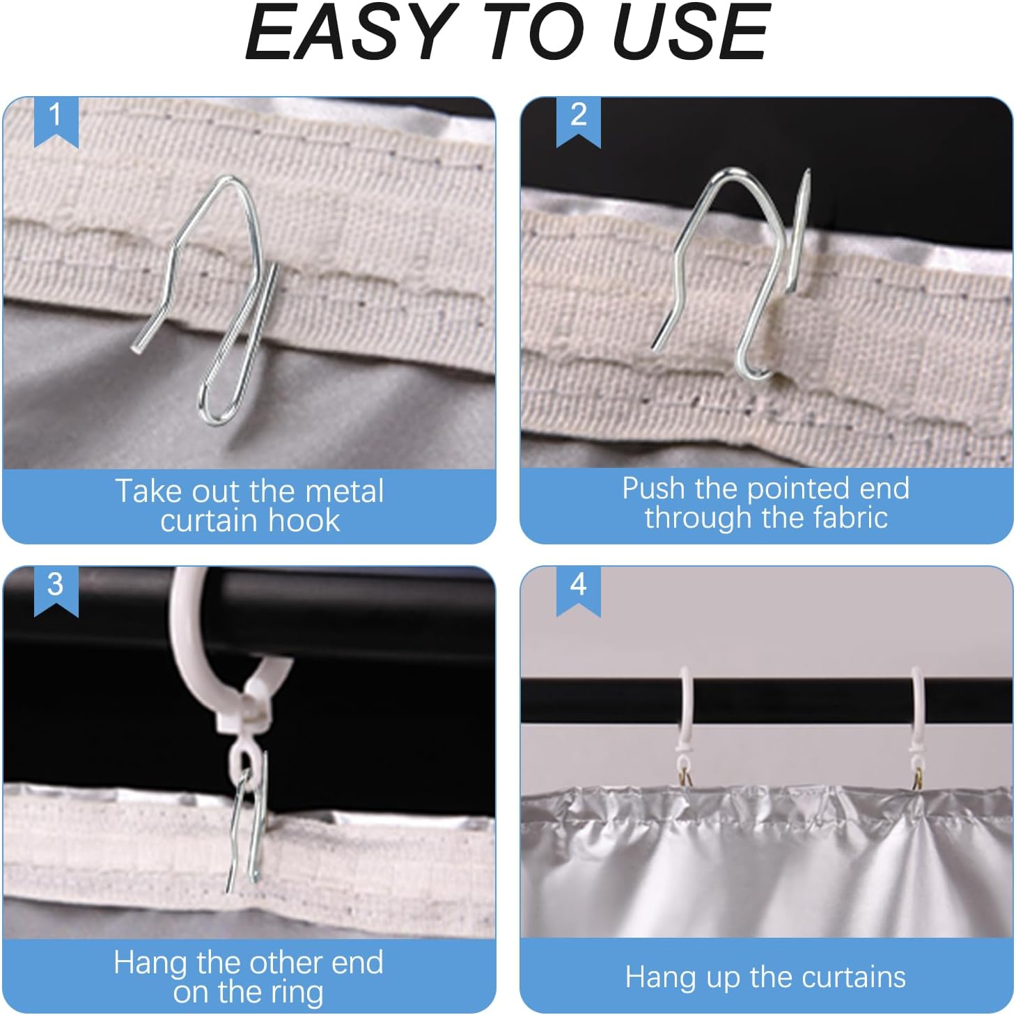 Metal Curtain Hooks, 200pcs Drapery Pins Stainless Steel Pin-on Hooks for Window Shower Door Curtain, Silver White β image 3