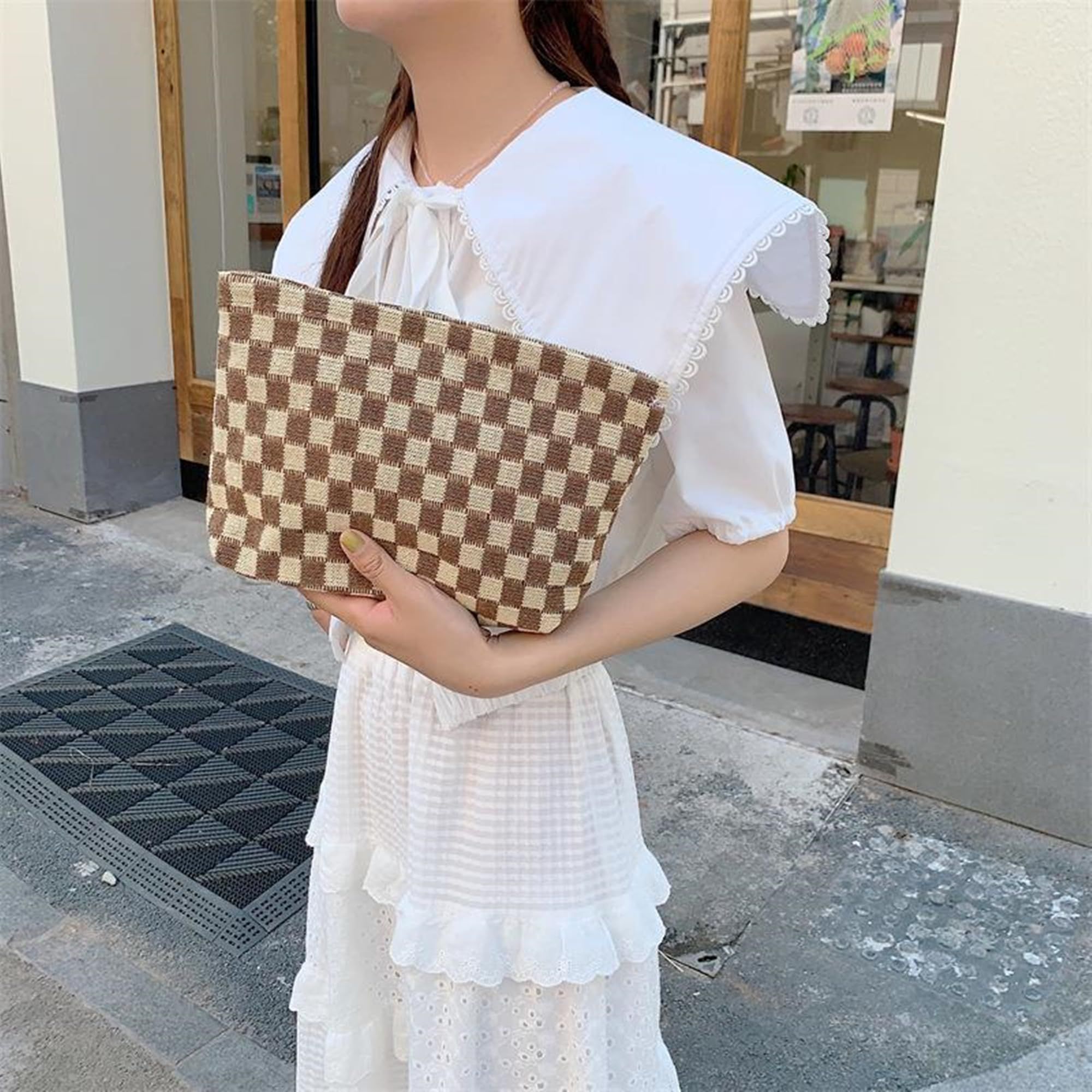 Cosmetic Bag Cute Makeup Bag Accessories Aesthetic Make Up Bag Y2k Purse Checkered Makeup Bag Cosmetic Bag for Women (Brown) — image 4