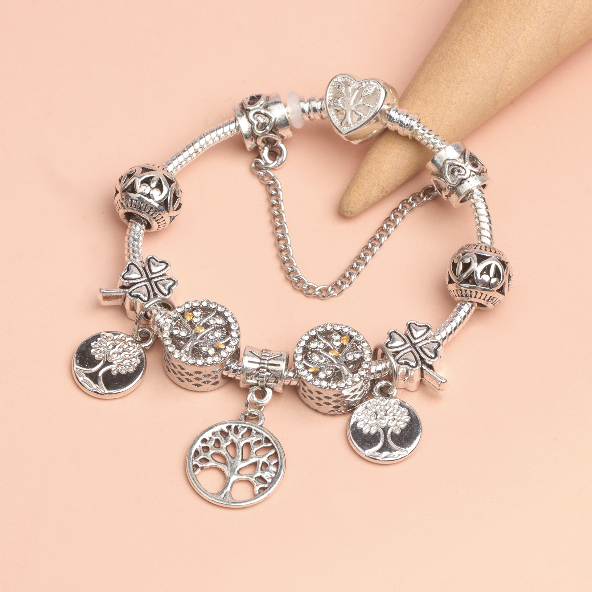 Vintage Silver Tree of Life CZ Four - Leaf Clover Charm Bead DIY Bracelet, Retro Style(19cm) โ image 5