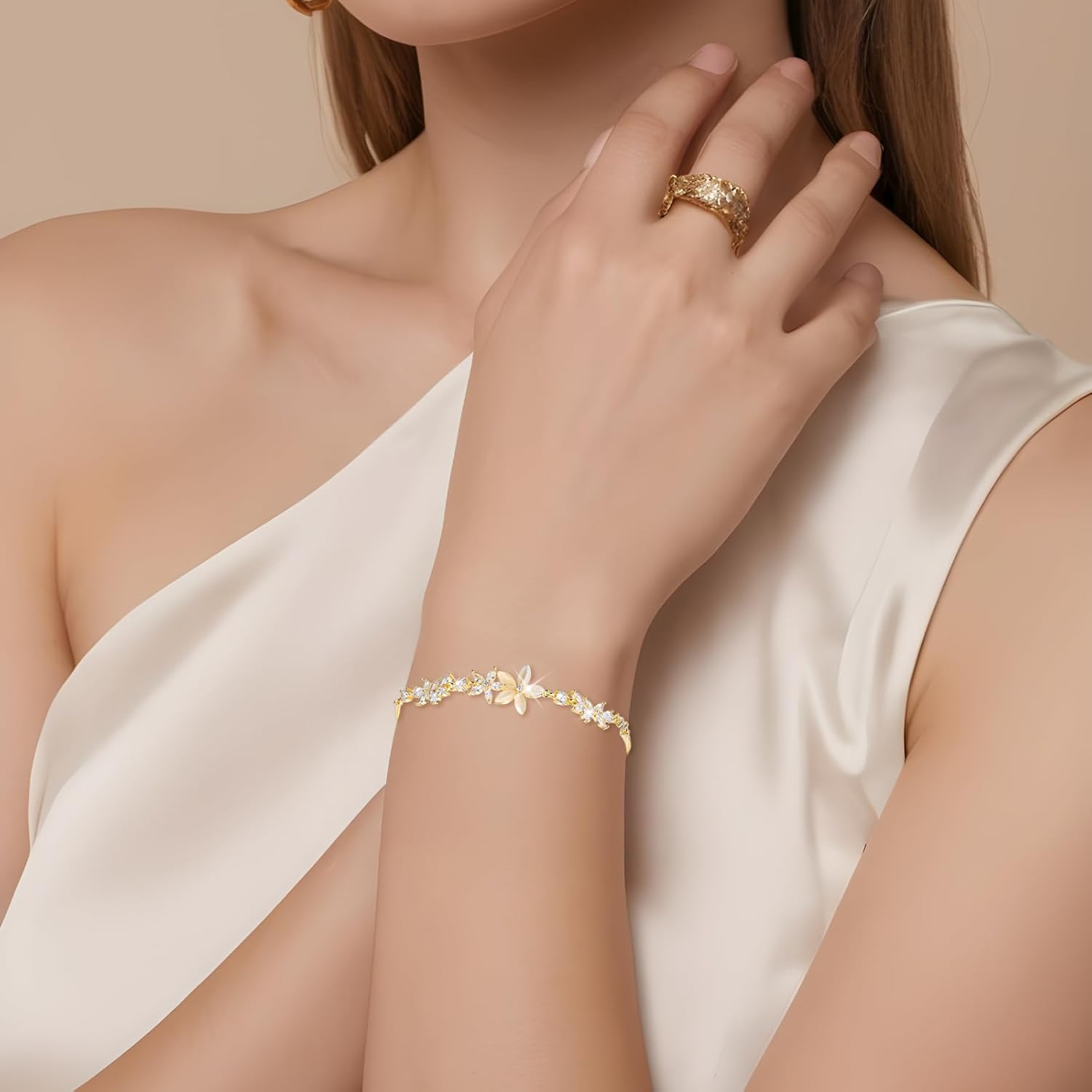 Gold Adjustable Bracelets for Women,Dainty Flower Bracelet Rhinestone Slider Floral Bracelet Floral Jewelry Adjustable Bridesmaid Bracelets Jewelry Gift — image 4