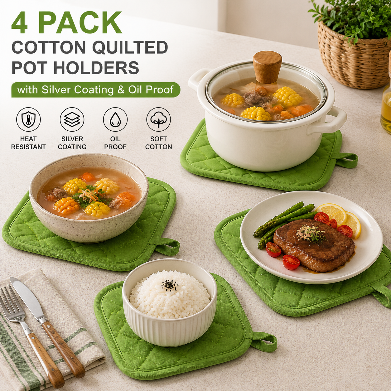 4 Pack Heat Resistant Pot Holders - Green Cotton Silver Coated Quilted Kitchen Heat Pads Non Slip Oven Mats 18x18cm Baking Cooking Microwave Use Durable