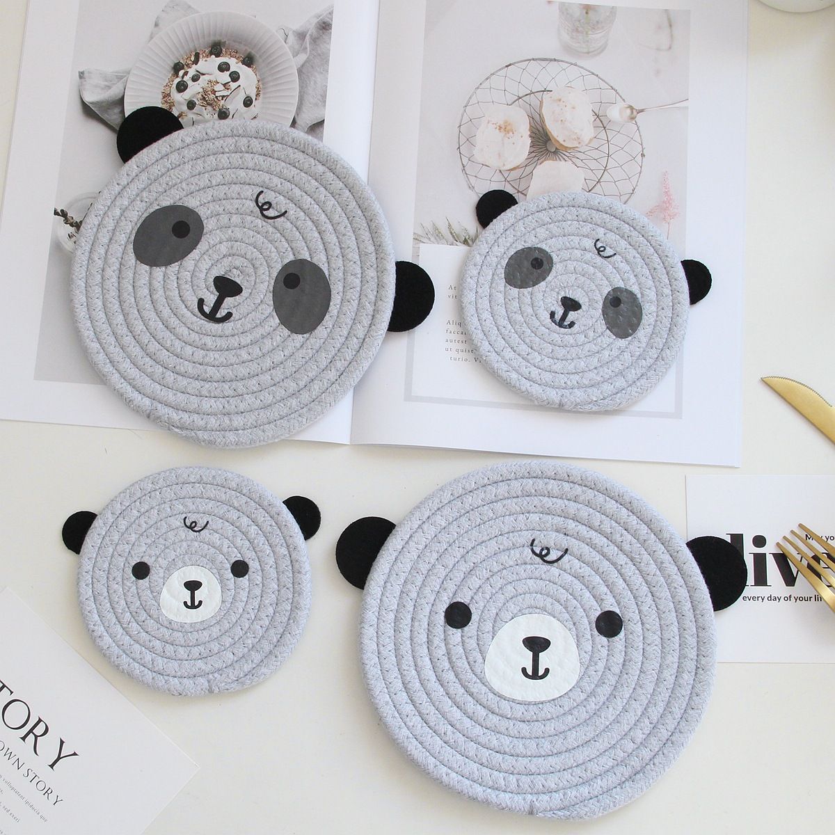 4PCS Coffee Variegated Cute Bear Woven Cotton Coasters, 12cm Dia Durable Heat Resistant Trivets Set for Drink Cup Dishes and Pot — image 3