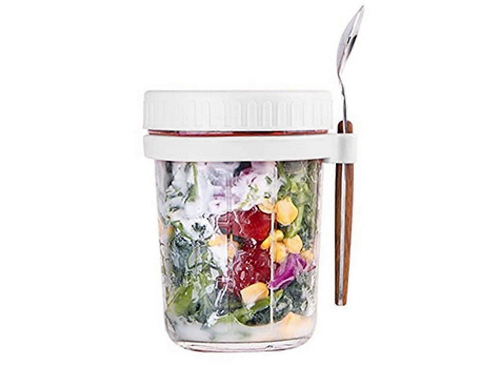 1pc 350ml Glass Oats Container with Lid & Spoon Salad Jar Cup White โ image 2