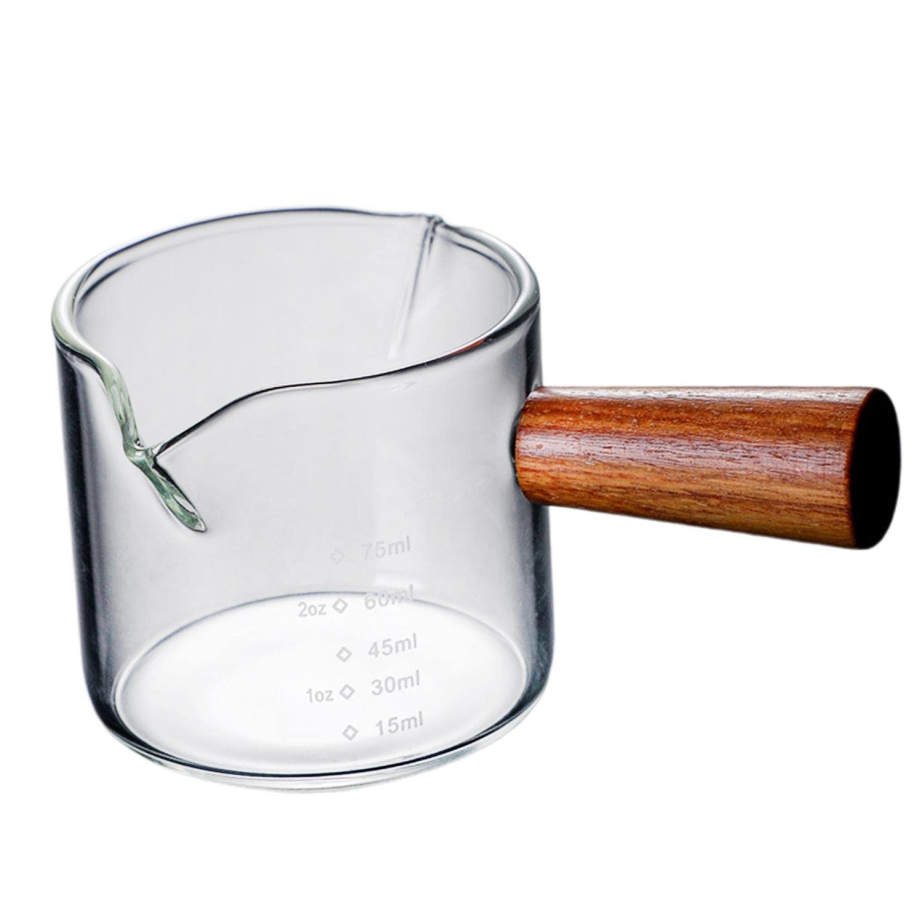 Wooden handle glass measuring cup, heat-resistant double mouthed milk coffee cup, transparent scale design