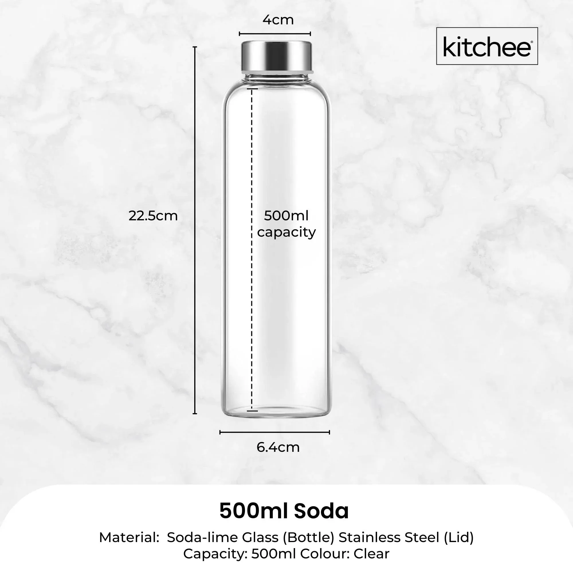 Kitchee 500ml Glass Water Drink Bottle with Stainless Steel Lid - Set of 6 — image 6