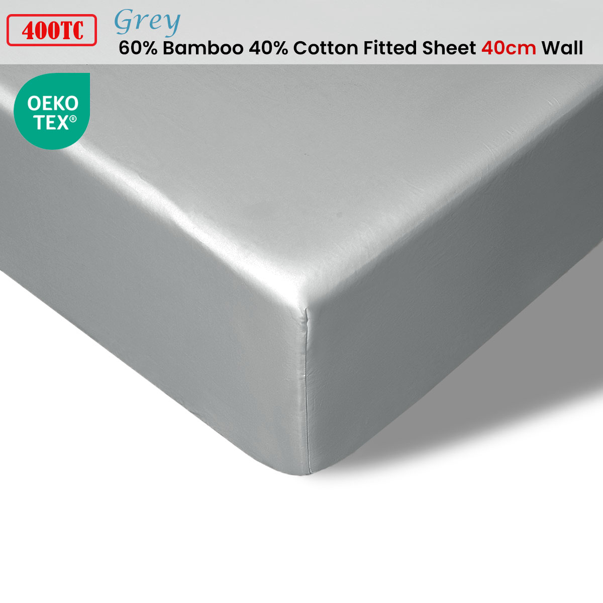 Accessorize 400TC Grey Bamboo Cotton Fitted Sheet 40cm Wall King — image 2