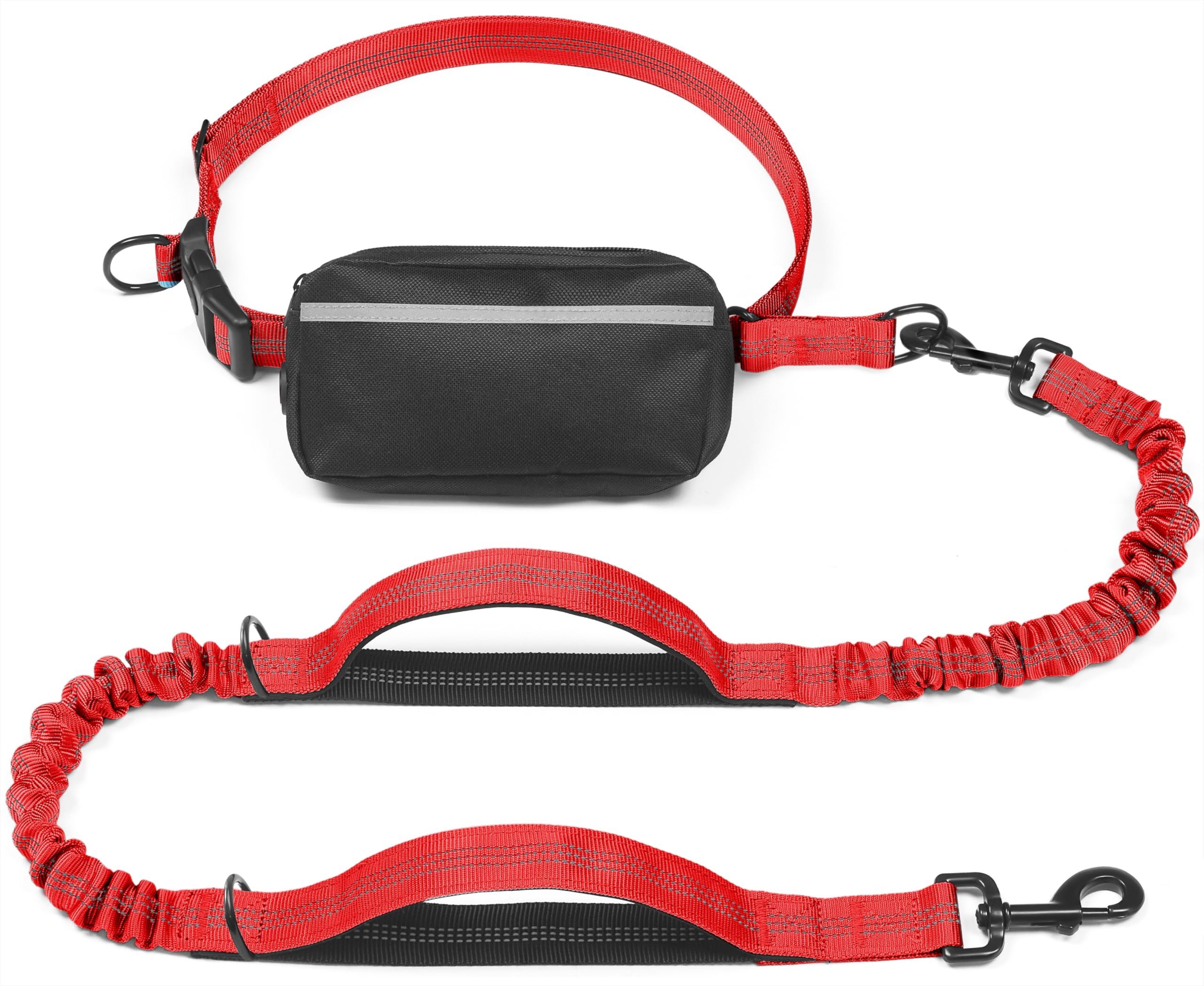 Hands-Free Dog Leash Set with Waist Belt and Storage Pouch, Shock-Absorbing Bungee Leash for Jogging, Walking, and Outdoor Adventures, Reflective Safety Design