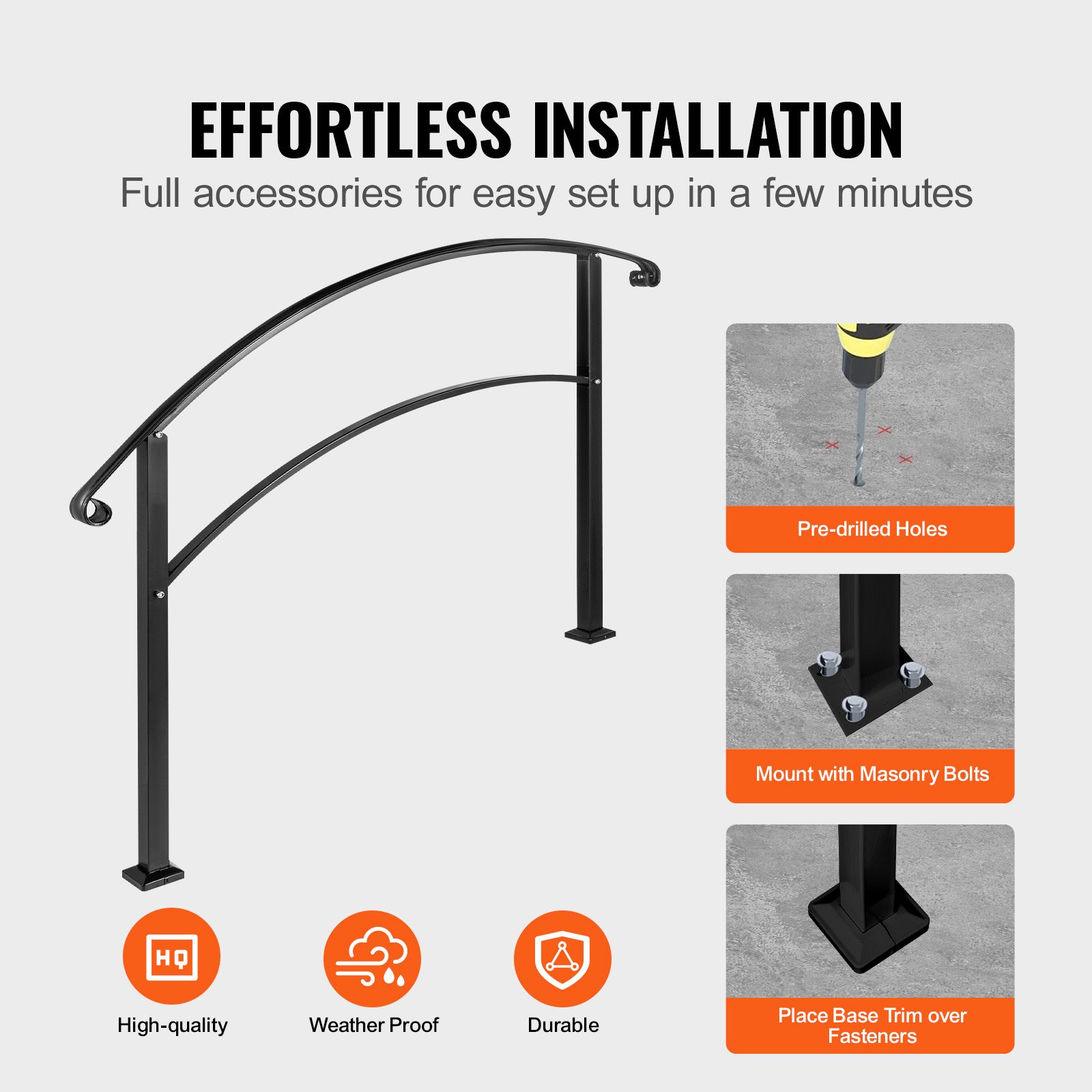 4-Step Handrail Fits 1 or 4 Steps Matte Black Stair Rail Wrought Iron Handrail with Installation Kit Hand Rails for Outdoor Steps — image 2