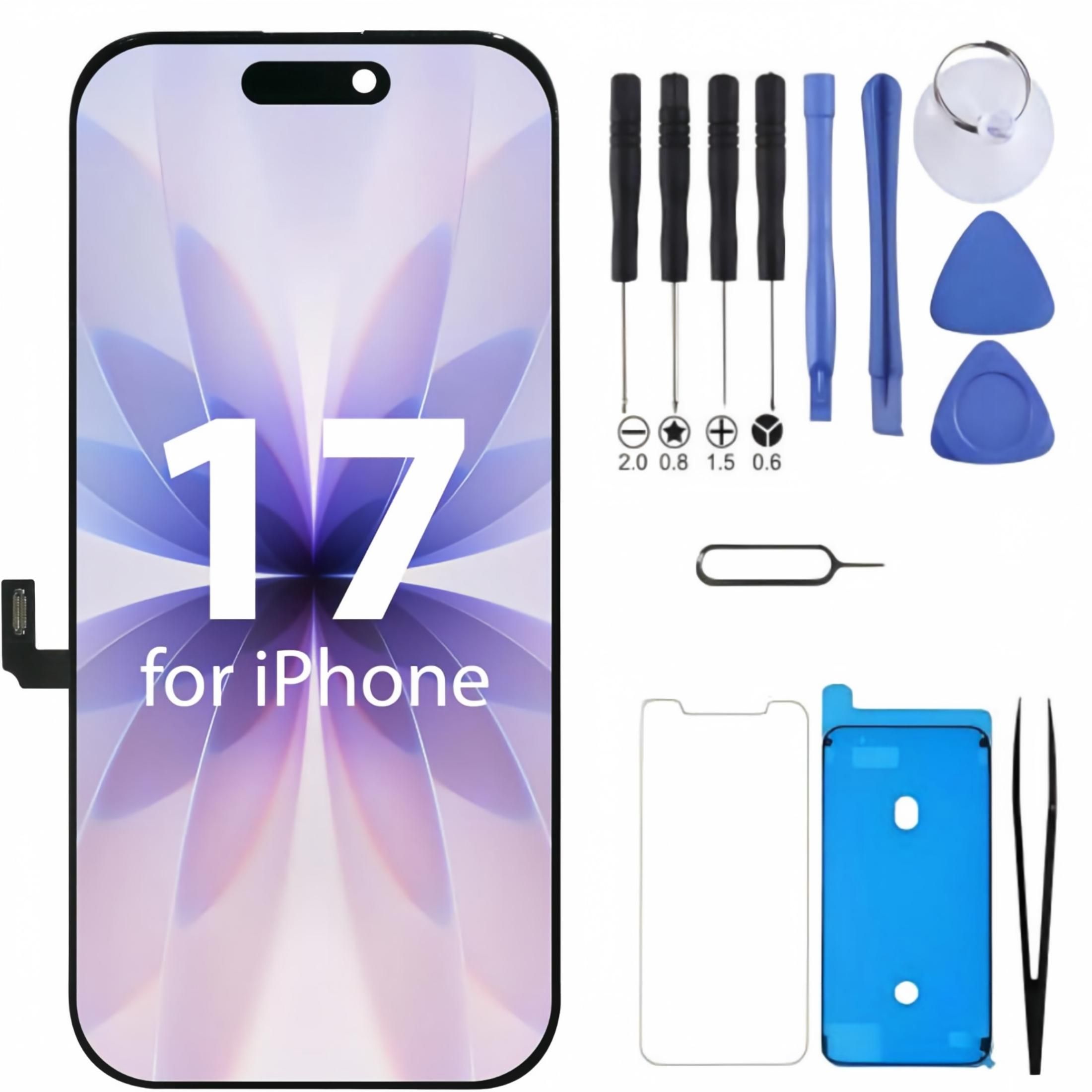 iPhone 17 Screen Replacement, 6.1 Inch Incell LCD Display Touch Screen Digitizer, Comes with Full Repair Tool Kit and Tempered Glass Protector for iPhone 17