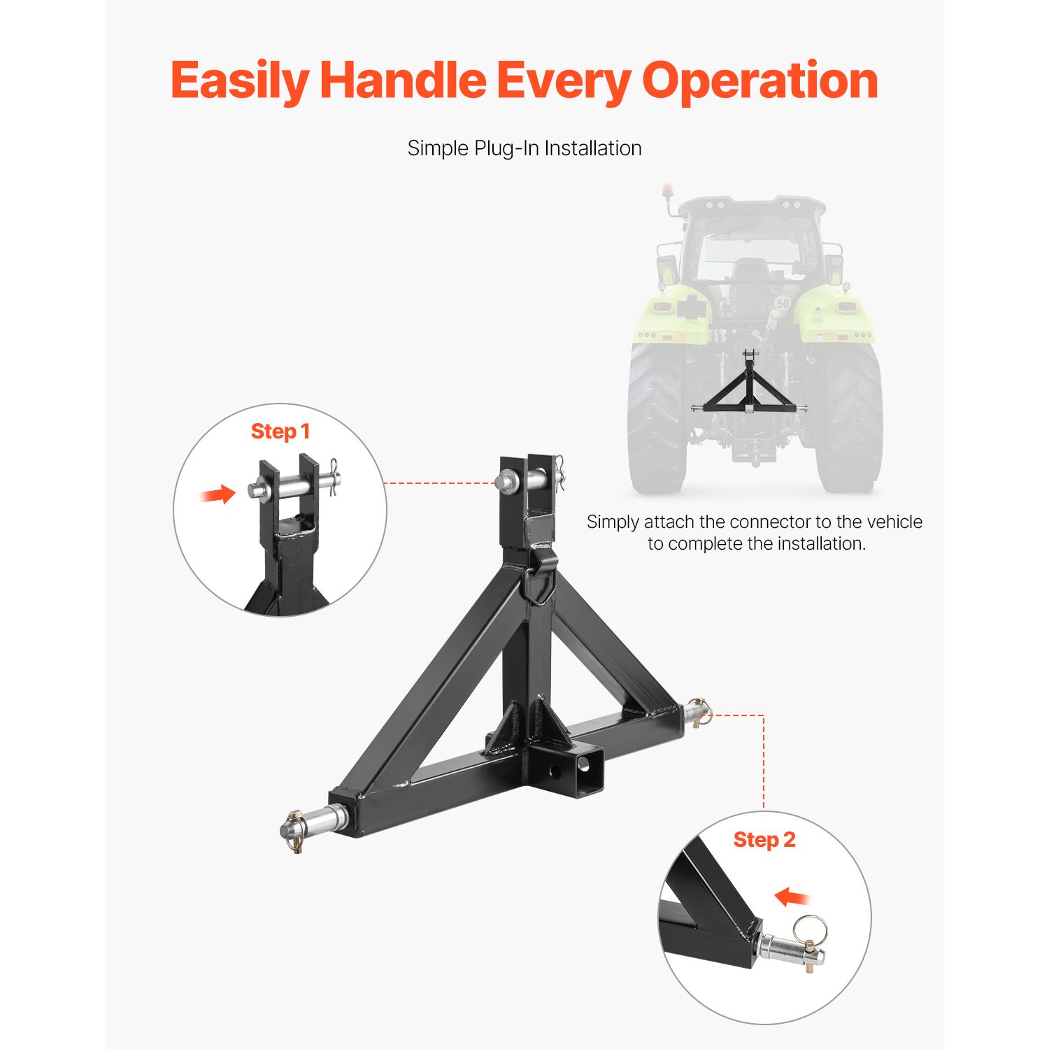 3 Point Hitch Receiver with 2 in Receiver, 3pt Quick Hitch Attachment, 3,000 lbs Capacity, Heavy Duty Tractor Tow Drawbar Adapter, Compatible with Kubota — image 6