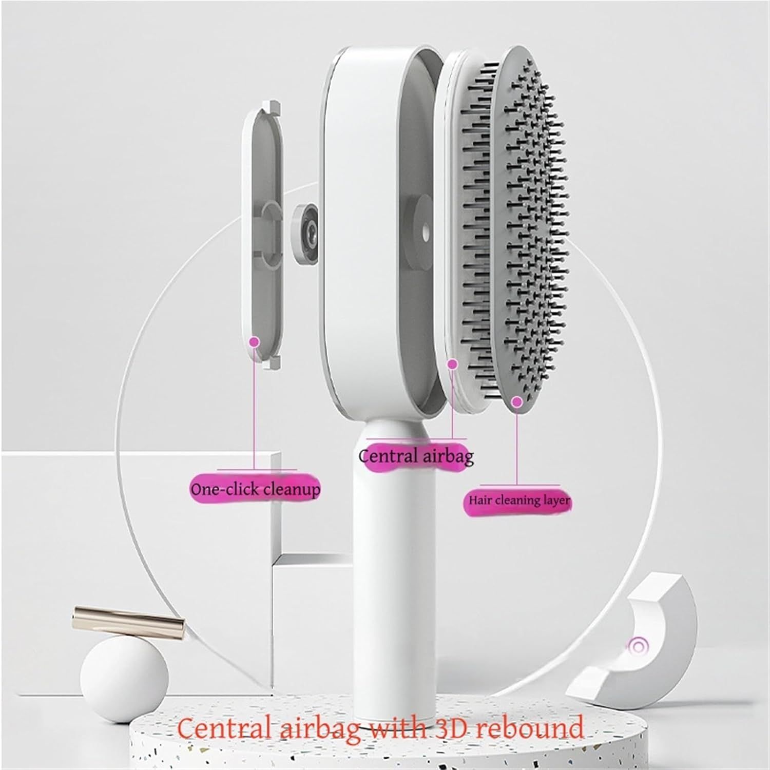 White 3D Airbag Massage Self Cleaning Hair Brush with Base - for Long Hair - One-Click Easy Hair Removal - Scalp Soothing Detangler for Professional Home Hair โ image 3