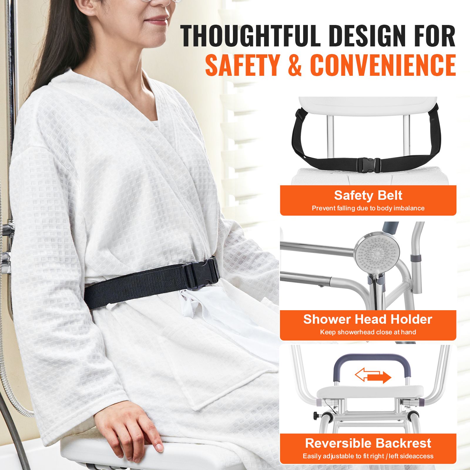 Sliding Tub Transfer Bench Shower Chair & Cut-Out Seat Reversible Backrest — image 6