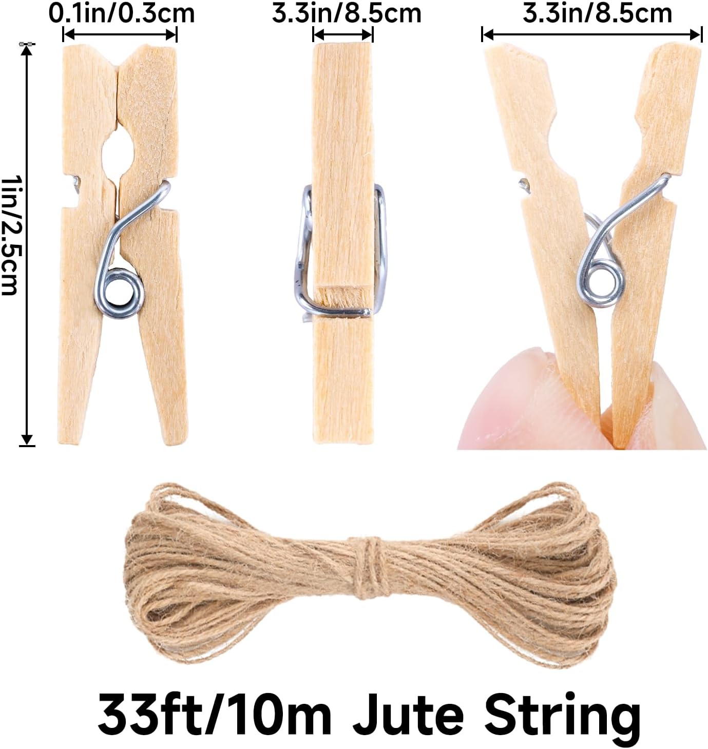 Mini Clothespins for Photo - 200 Pcs 1 Inch Small Natural Wooden Clothes Pins for Crafts with 33 FT Jute Twine Mini Photo Clips for Photos Display Cocktail — image 2