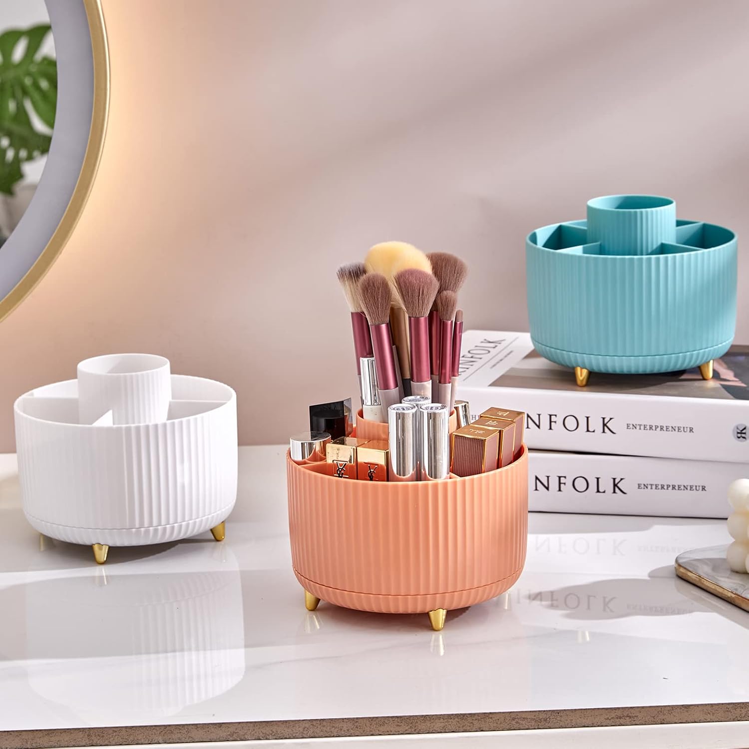 Makeup Brush Holder Organizer,360° Rotating Make up Organizer Storage,5 Slot Makeup Brushes Cup,for Vanity Decor,Bathroom Countertops,Desk Storage — image 3