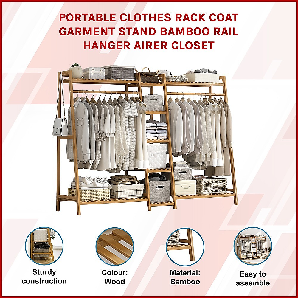Portable Clothes Rack Coat Garment Stand Bamboo Rail Hanger Airer Closet โ image 3