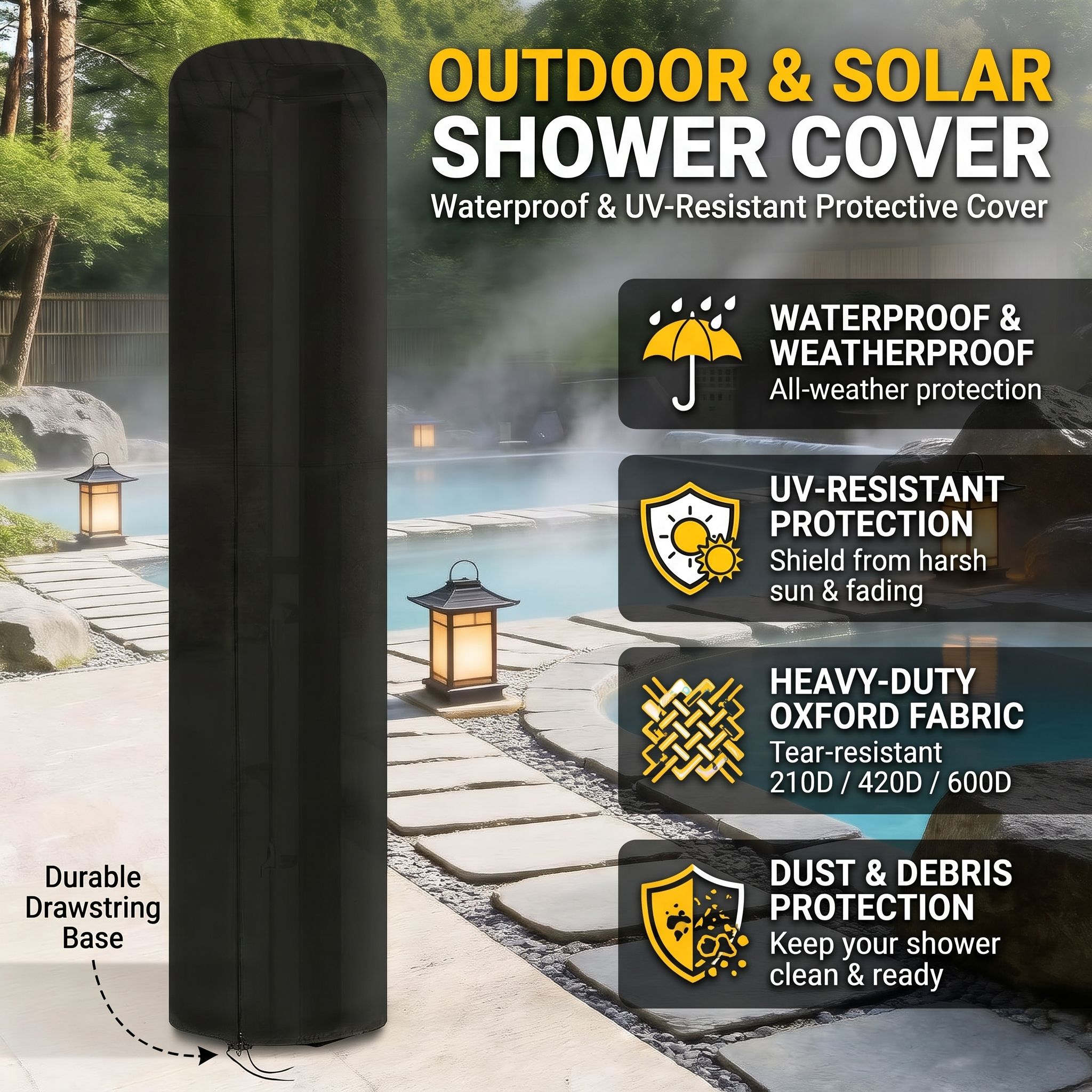 Outdoor Solar Shower Column Cover Waterproof Sun Protection Heavy Duty Oxford Fabric Protective Cover for Patio Poolside Beach Camping Shower Equipment (600D)