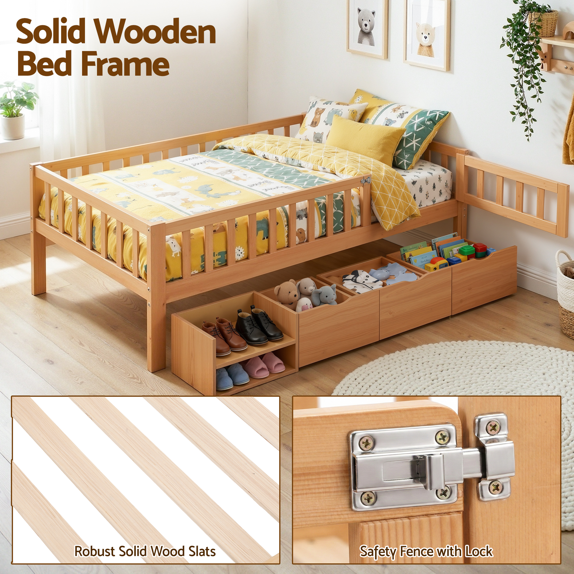 Artiss Kids Single Bed Frame with 3 Storage Drawer Montessori Bed for Toddler Natural โ image 4