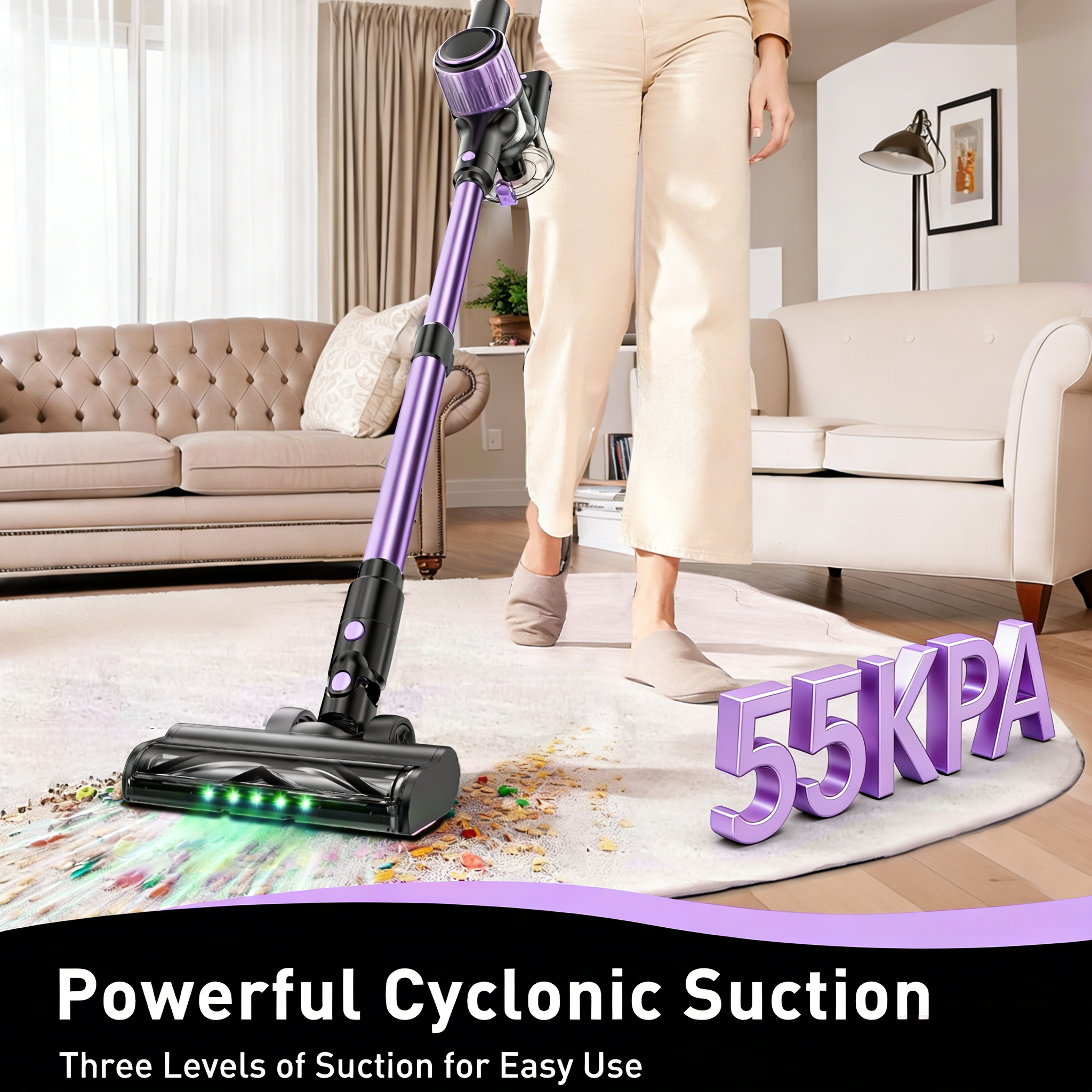 Cordless Vacuum Cleaner, 10 in 1 Stick Vacuum with Powerful Suction, Hose, Green LED Light, Anti-Tangle Brush, 55Kpa Lightweight Rechargeable Vacuum Cleaner — image 2