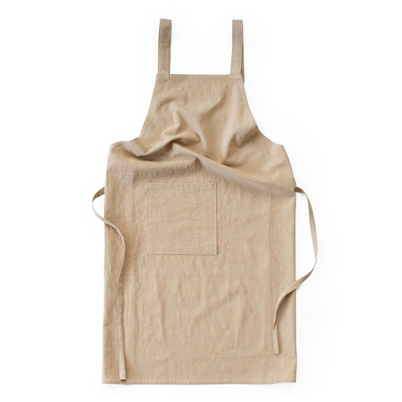 Khaki Cotton Linen H-Back Apron - Solid Color Kitchen Cooking Apron with Pocket — image 2