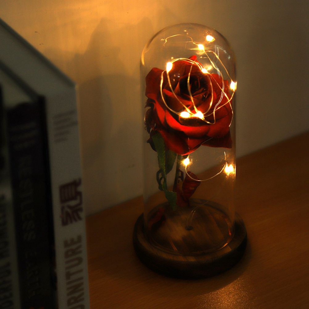 Preserved Rose Flower LED Light with Glass Cover Wooden Base Valentines'Day Wedding Gift Red โ image 3