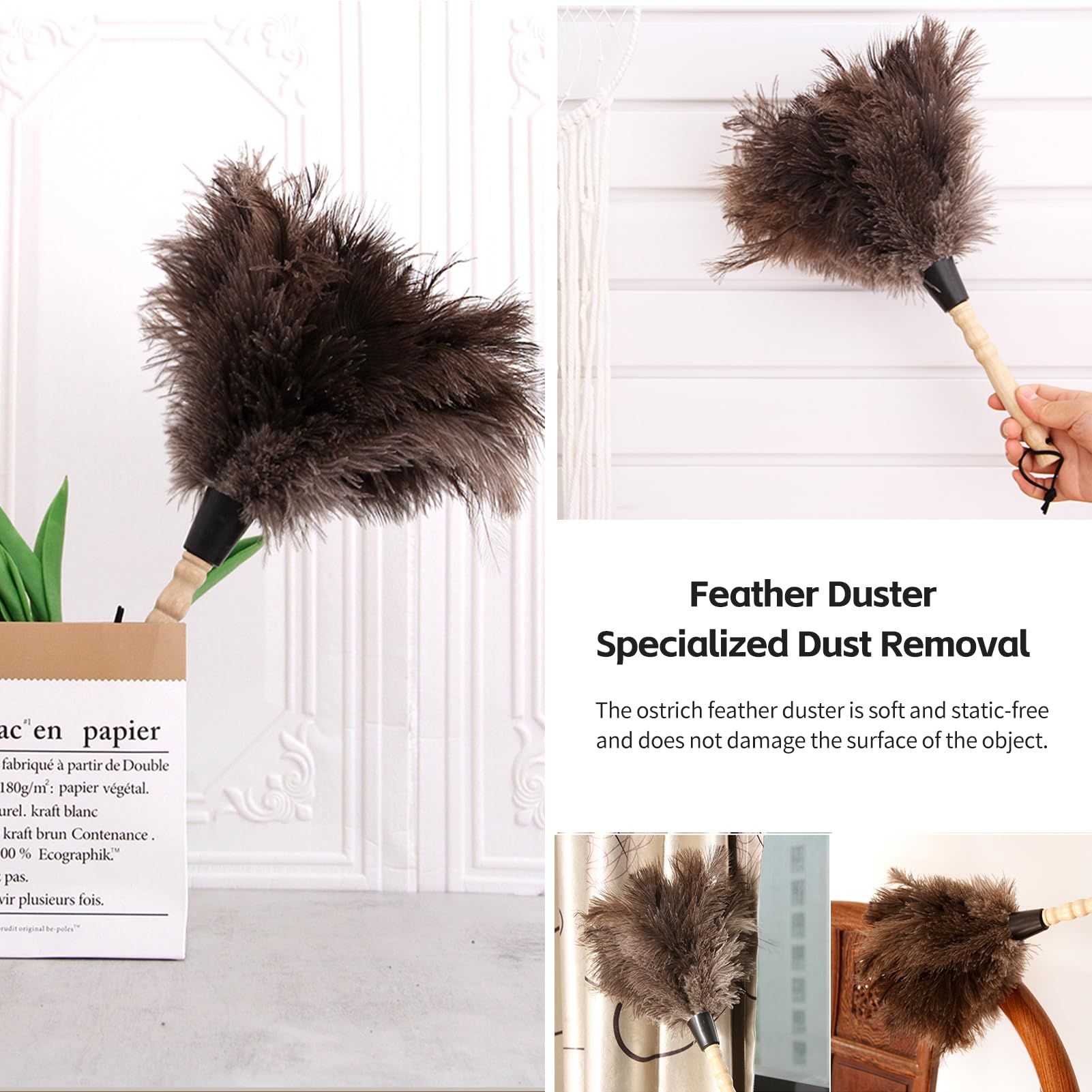 Ostrich Feather Duster Fluffy Natural Genuine Ostrich Feathers with Wooden Handle and Eco-Friendly Reusable — image 4