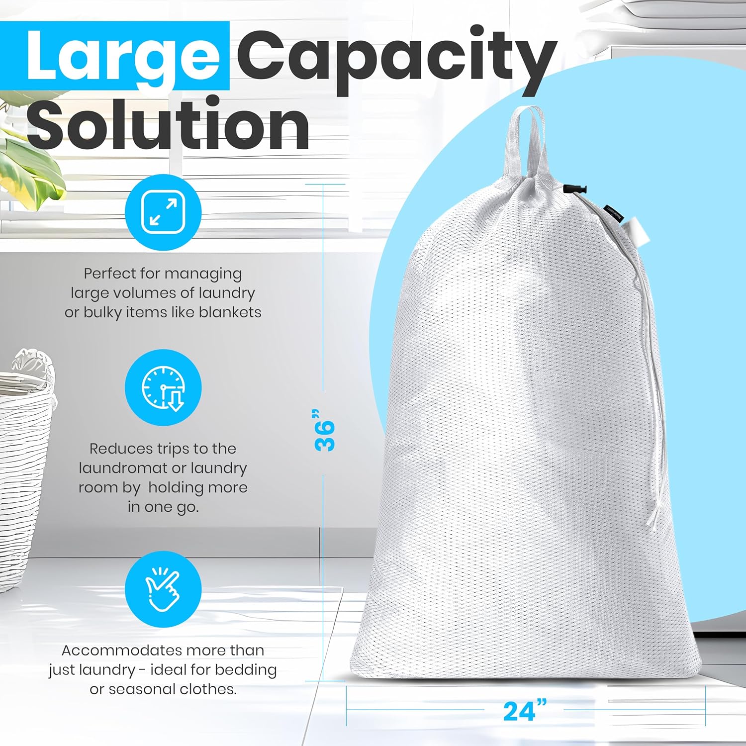Large Mesh Laundry Bags - 2-Pack Heavy Duty with Handles & Drawstring - Machine Washable Net Laundry Sacks for College Dorm, Camp, Travel, Bedding & Clothes — image 2