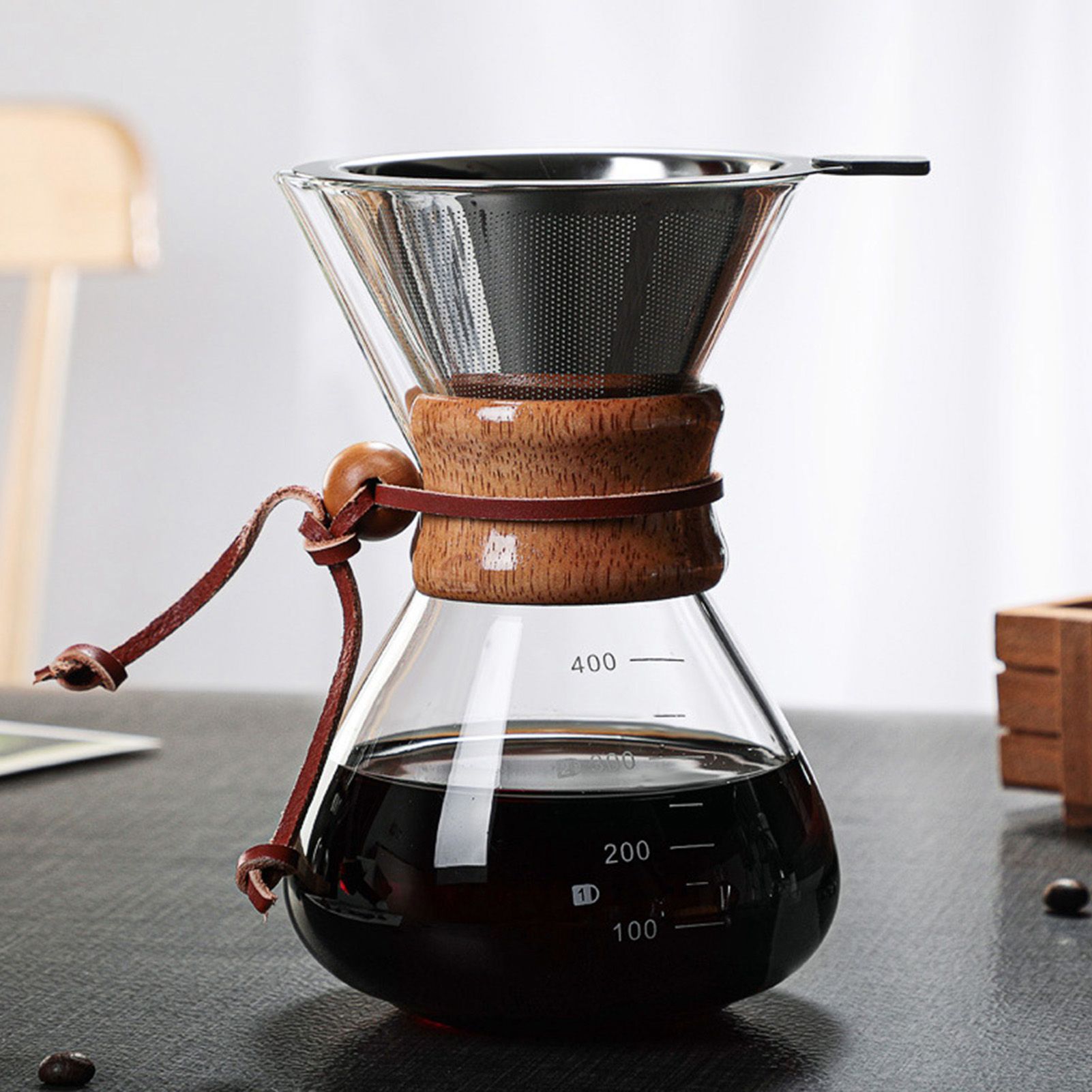 Pour Over Coffee Maker 400ml Double Layer Filter V Spout Wooden Sleeve Coffee Brewer for Home Cafe Party โ image 5