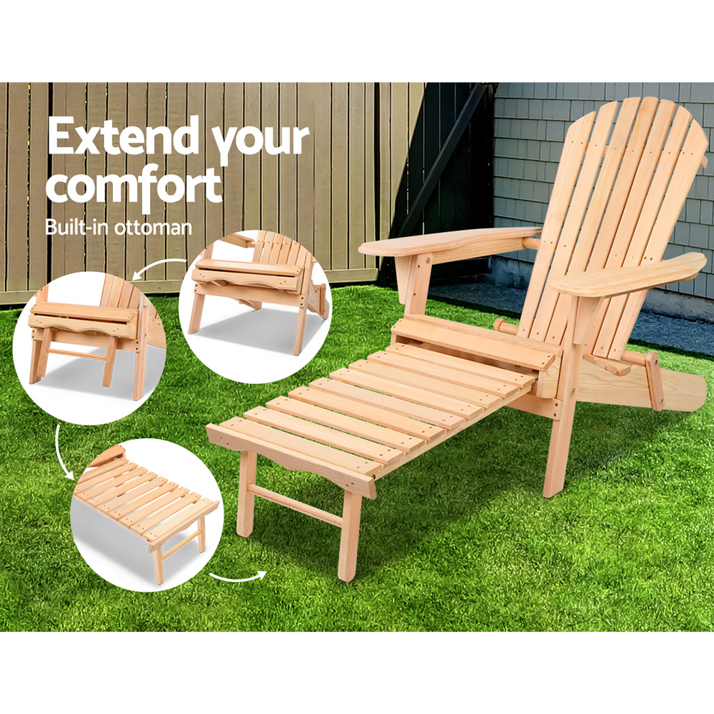 Gardeon 2PC Adirondack Outdoor Chairs Wooden Sun Lounge Patio Furniture Garden Natural — image 3