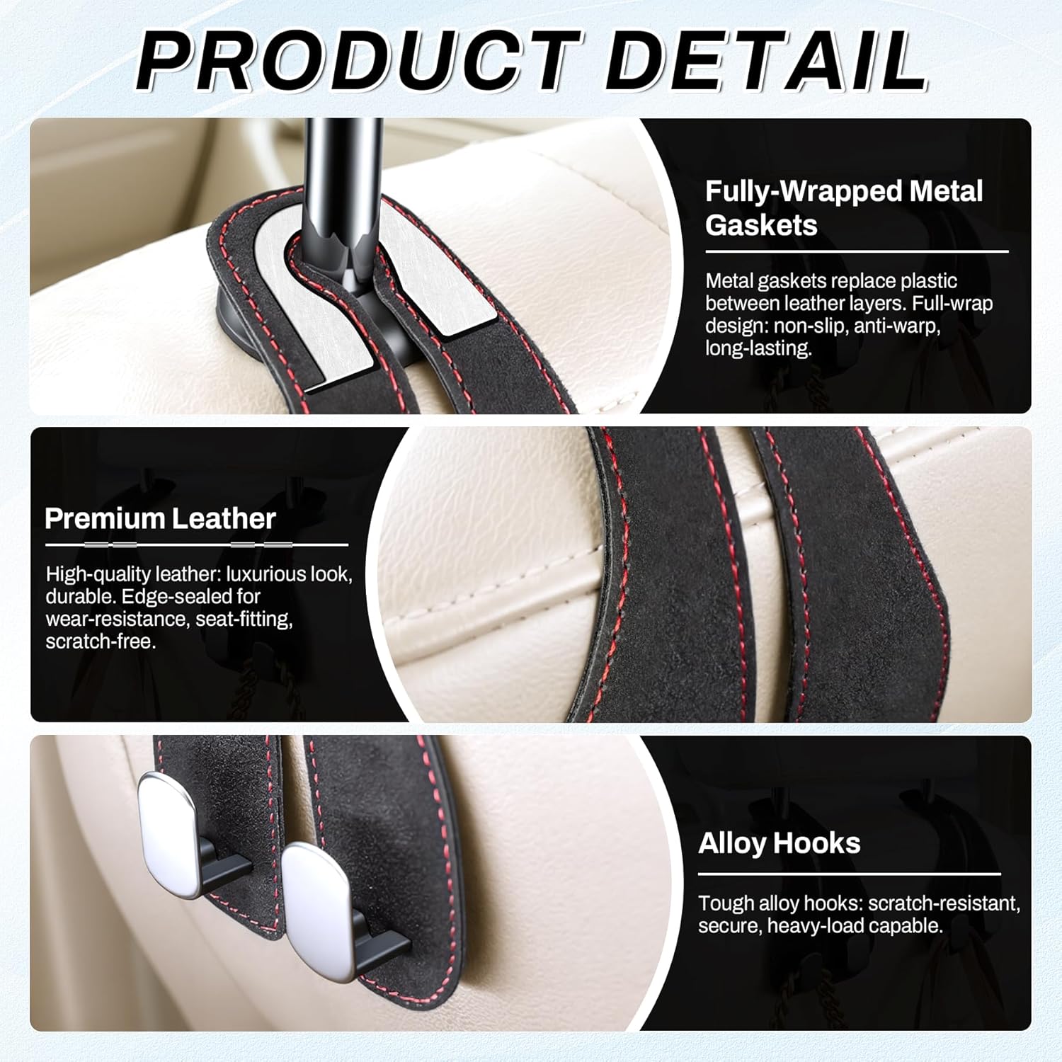 2PCS Car Purse Holder Hook, Seat Back Storage Leather-Wrapped Alloy Double Headrest Hook for Purses & Bags, Cute Interior Accessories Women and Men, Black — image 3